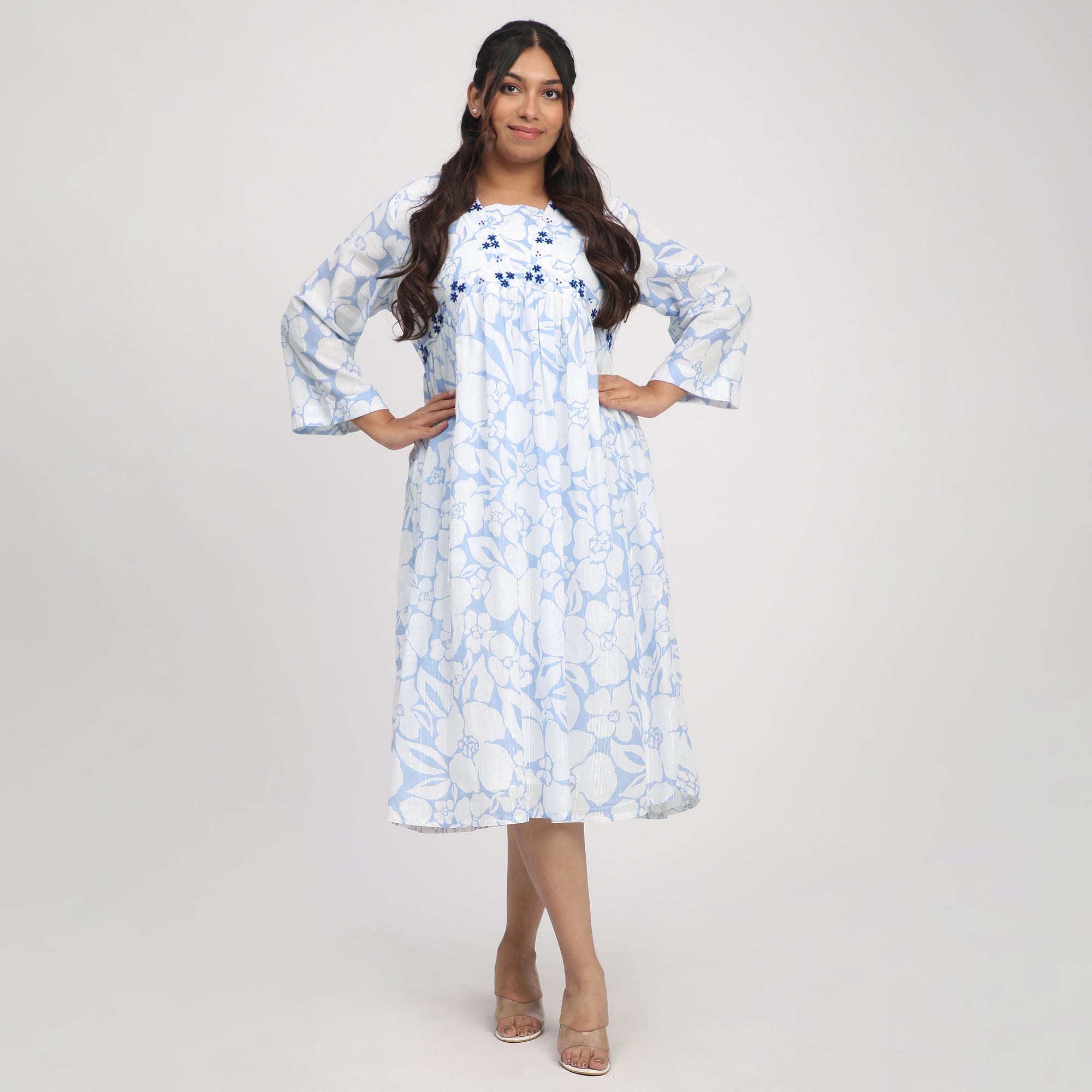 Blue & White Plus-Size Floral Print Ethnic Dress with Beadwork