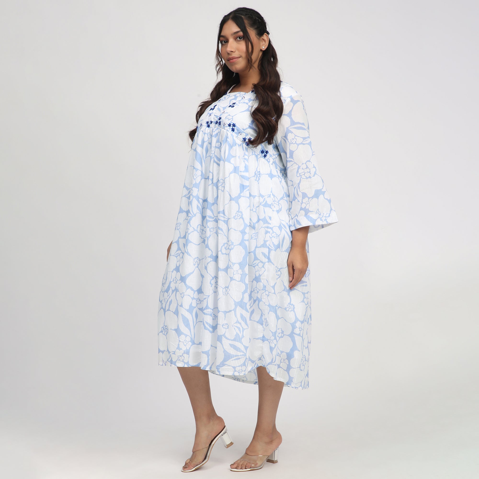 Blue & White Plus-Size Floral Print Ethnic Dress with Beadwork