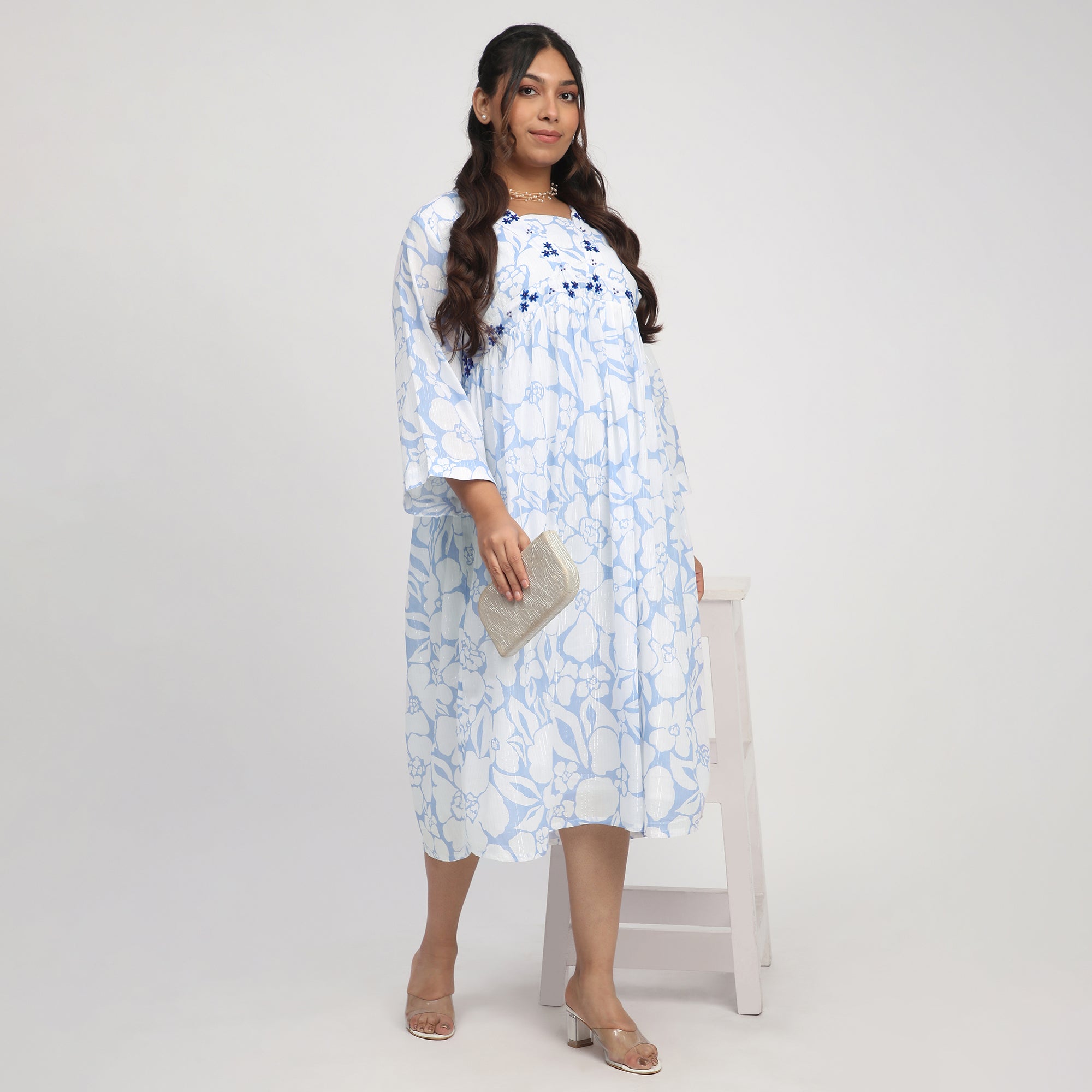 Blue & White Plus-Size Floral Print Ethnic Dress with Beadwork