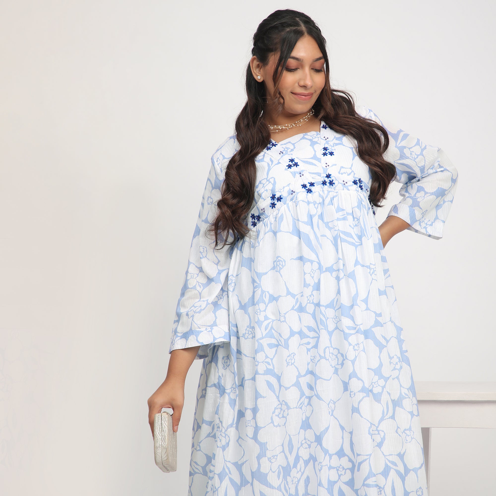 Blue & White Plus-Size Floral Print Ethnic Dress with Beadwork