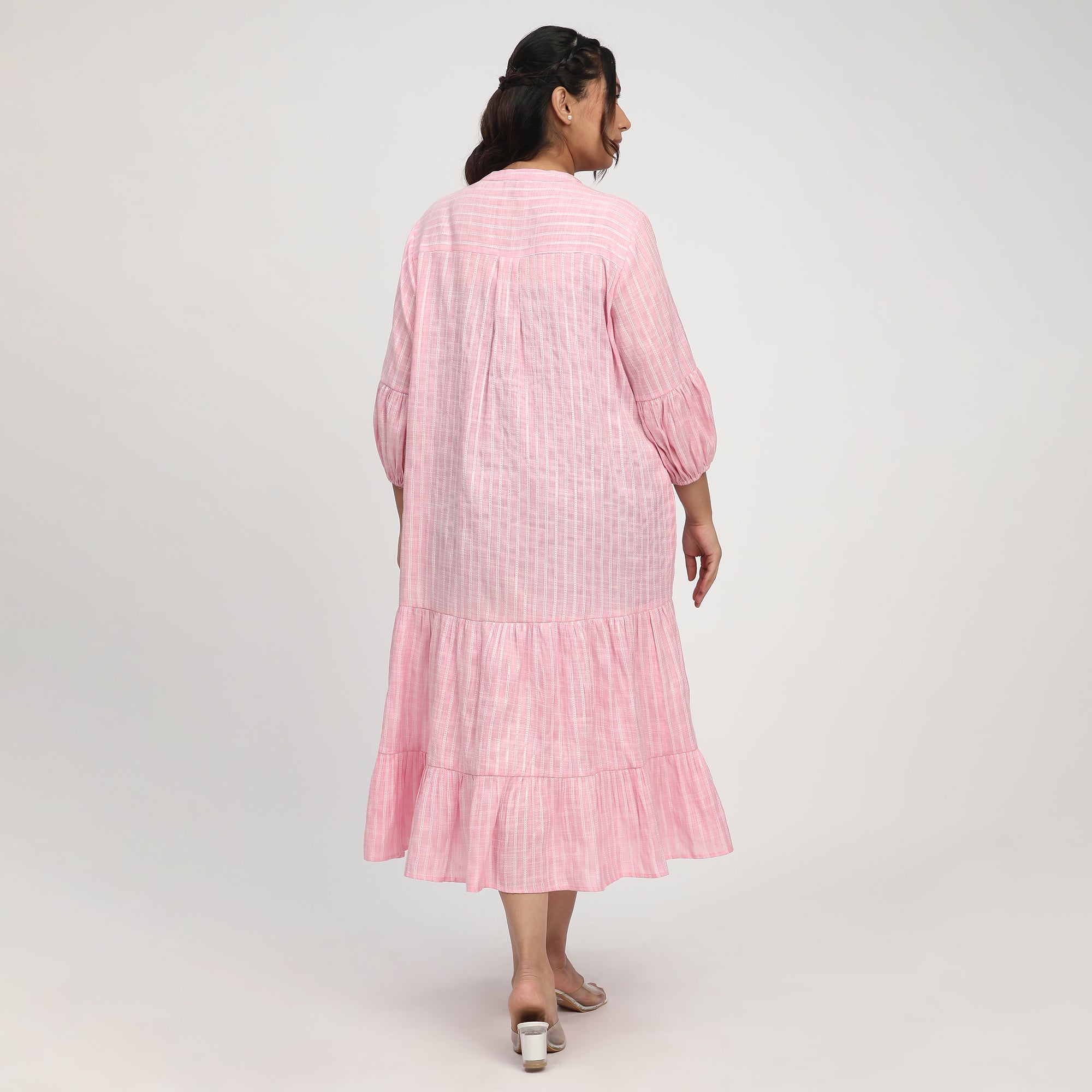 Pink & White Plus-Size Striped Embellished Tiered Maxi Dress