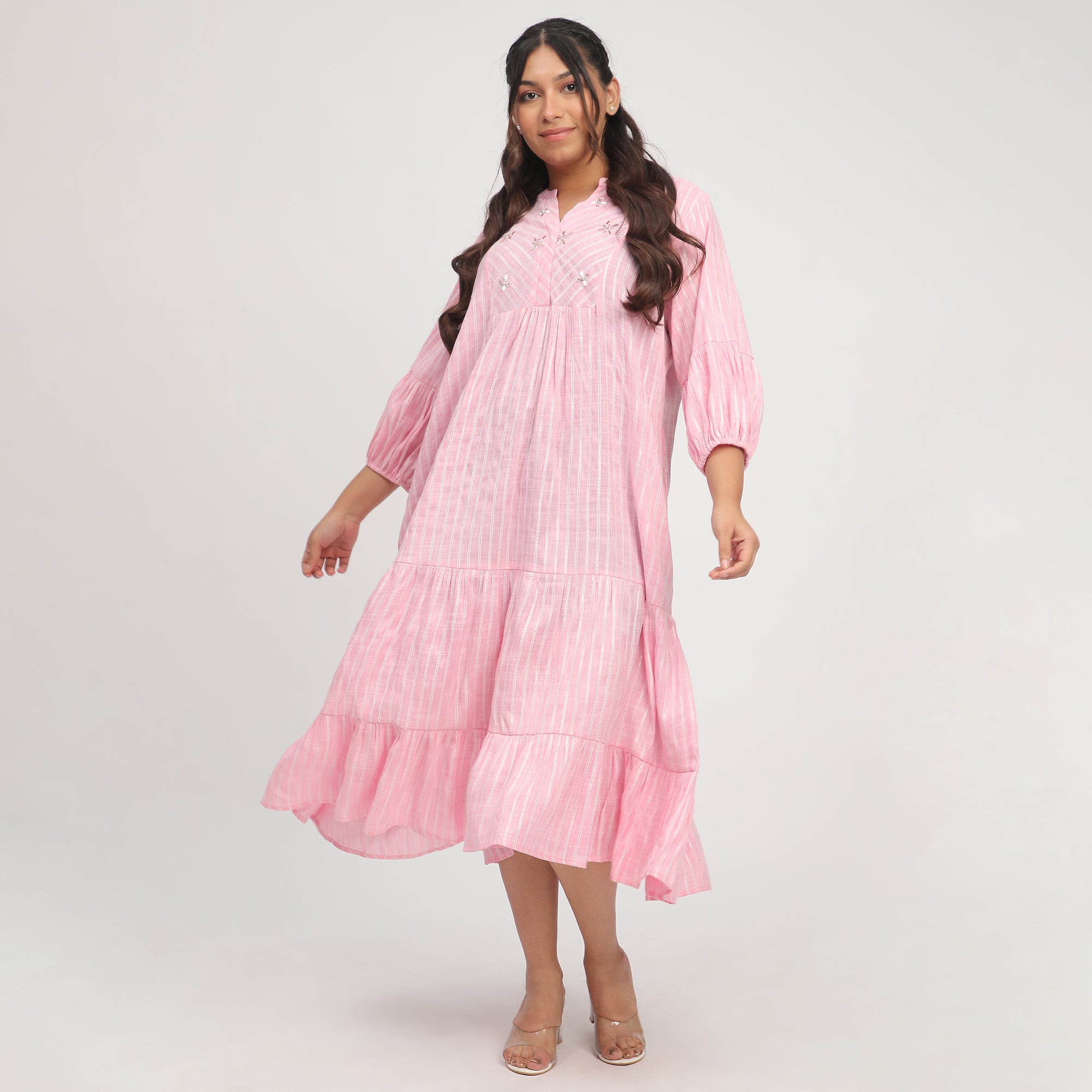 Pink & White Plus-Size Striped Embellished Tiered Maxi Dress