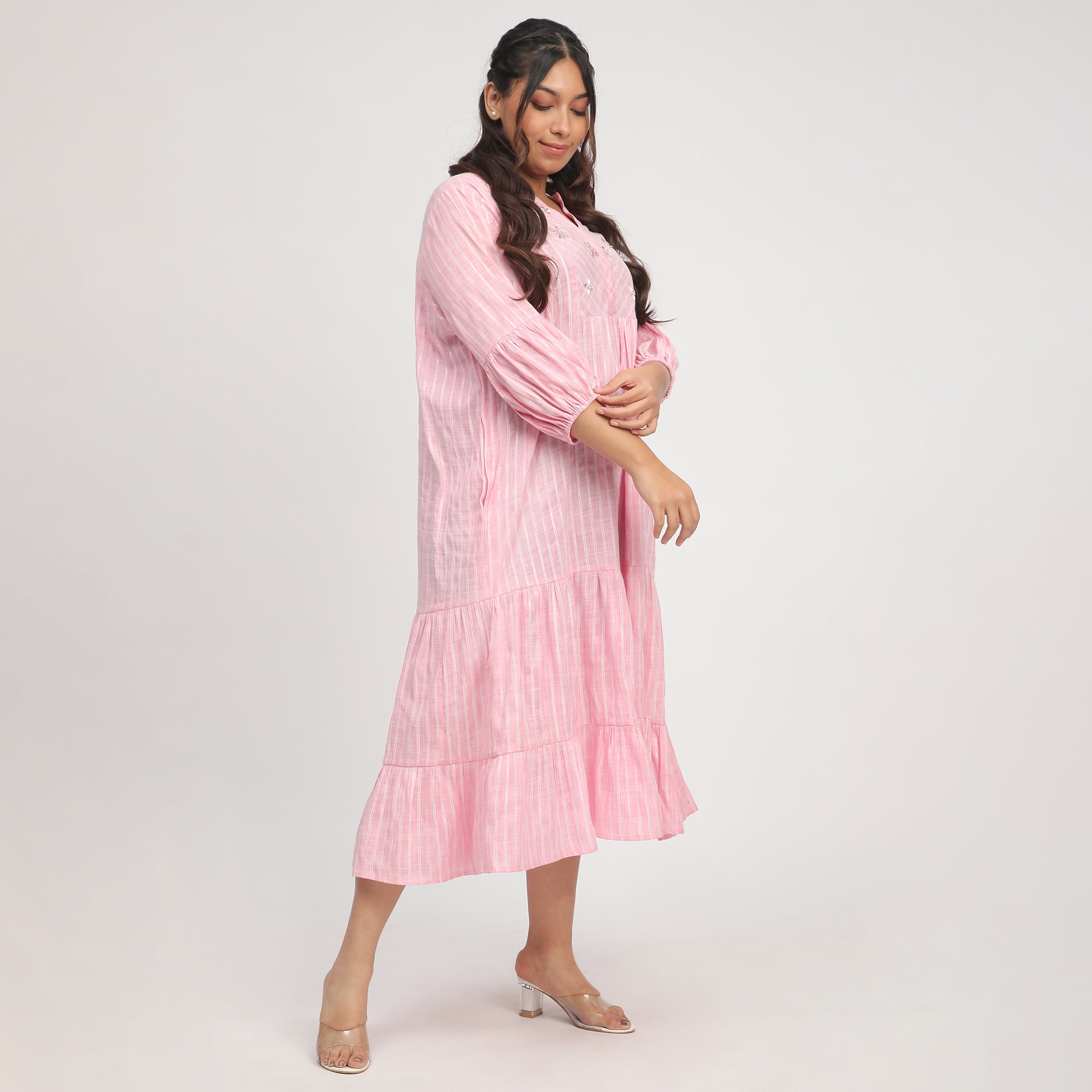 Pink & White Plus-Size Striped Embellished Tiered Maxi Dress