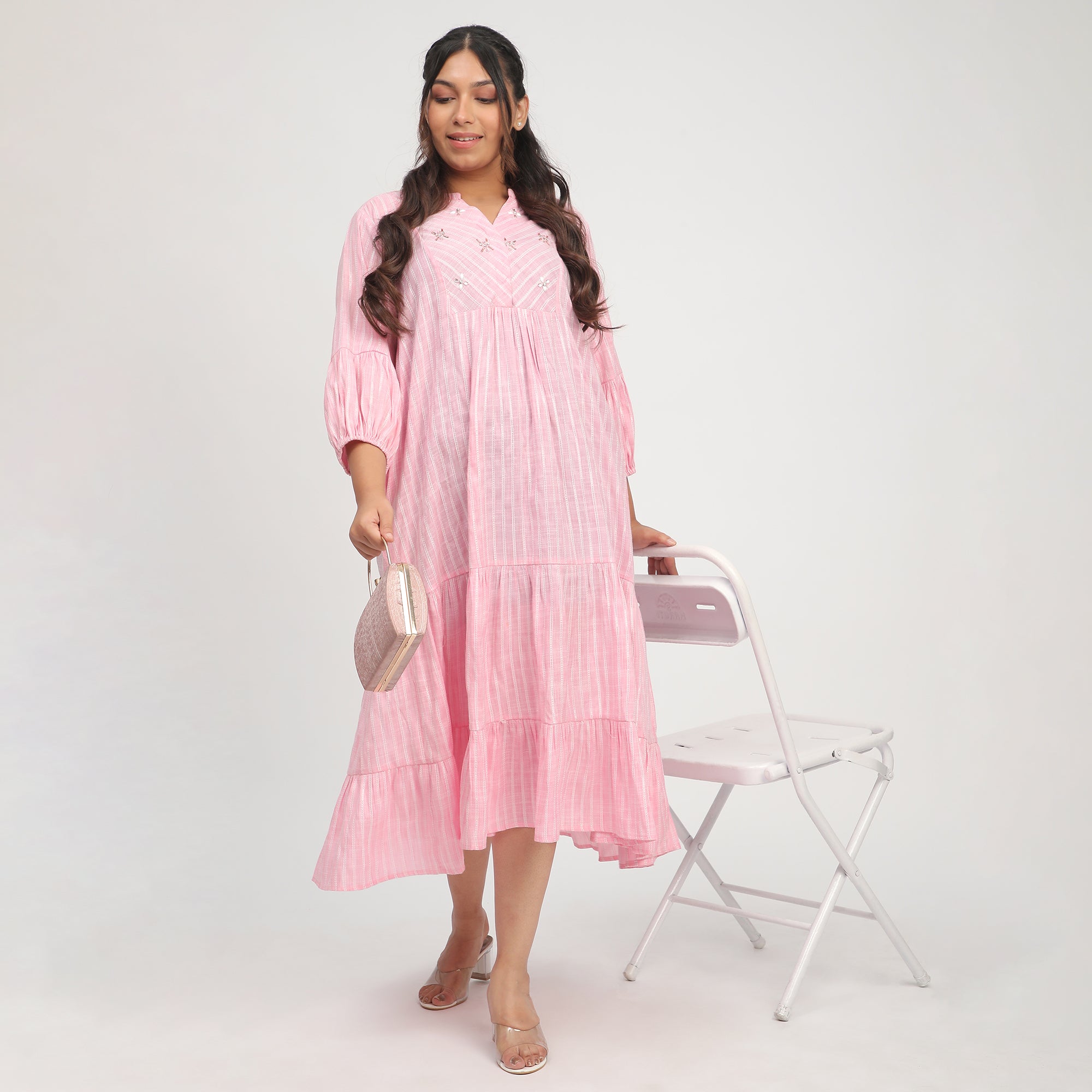 Pink & White Plus-Size Striped Embellished Tiered Maxi Dress