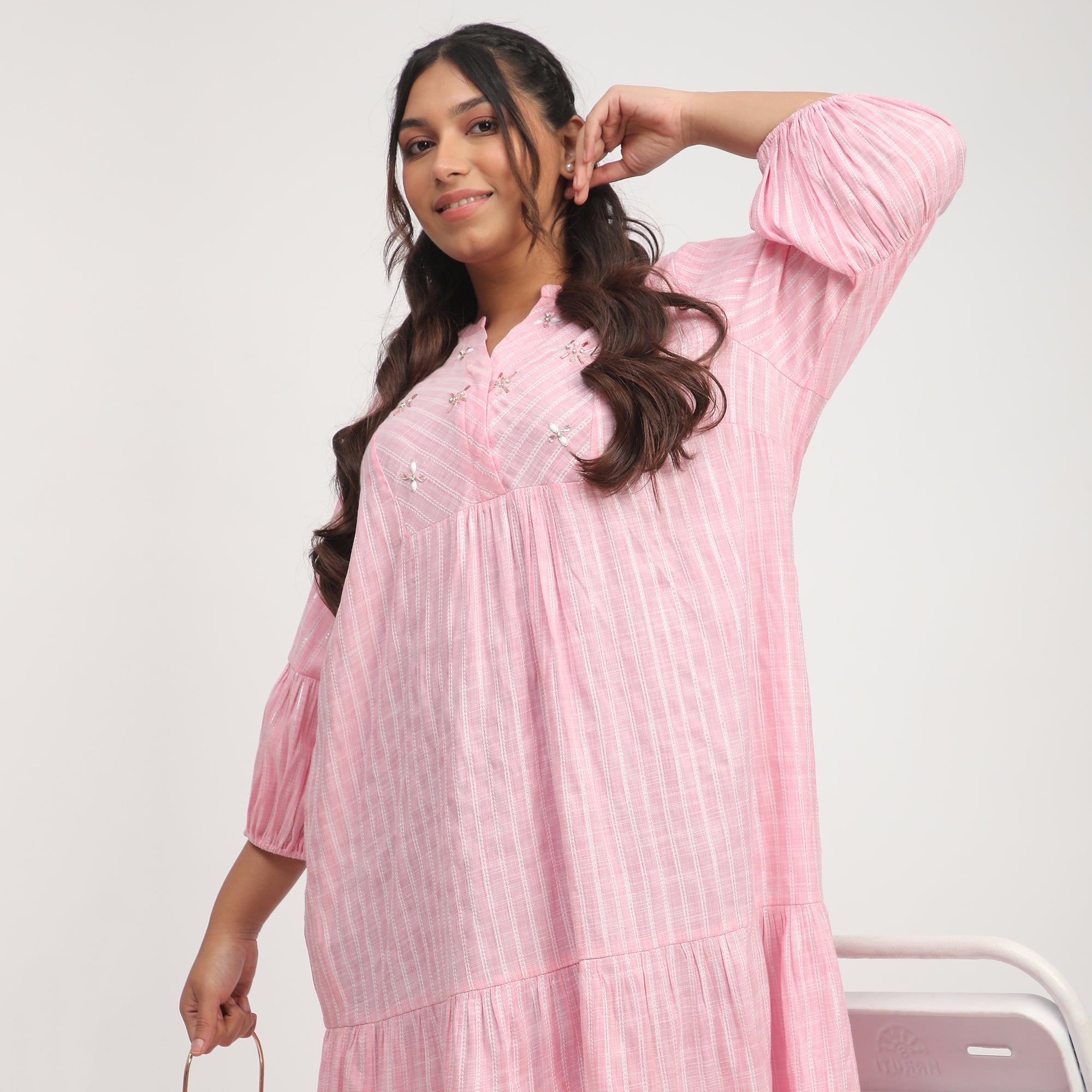 Pink & White Plus-Size Striped Embellished Tiered Maxi Dress