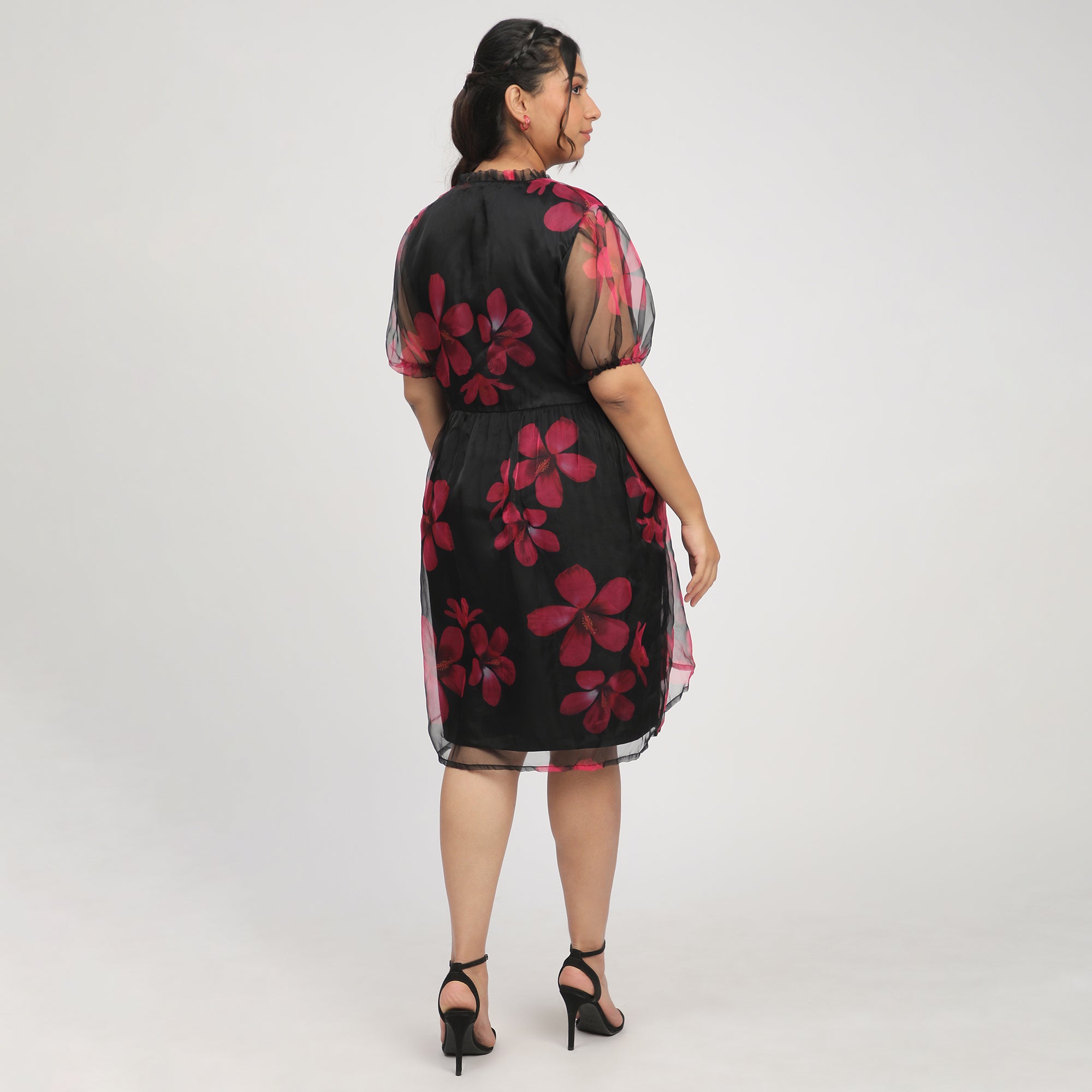 Black Plus-Size Floral Printed Organza Dress