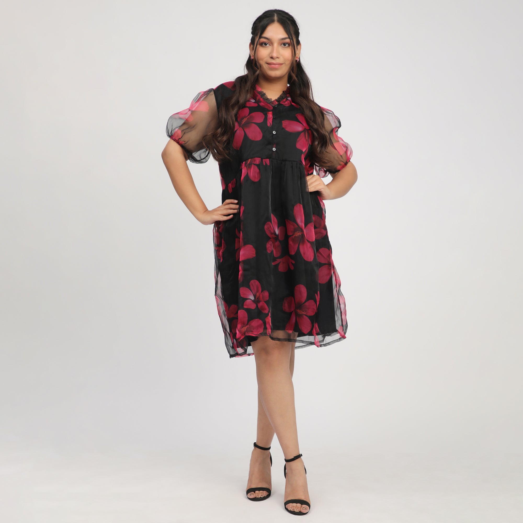 Black Plus-Size Floral Printed Organza Dress