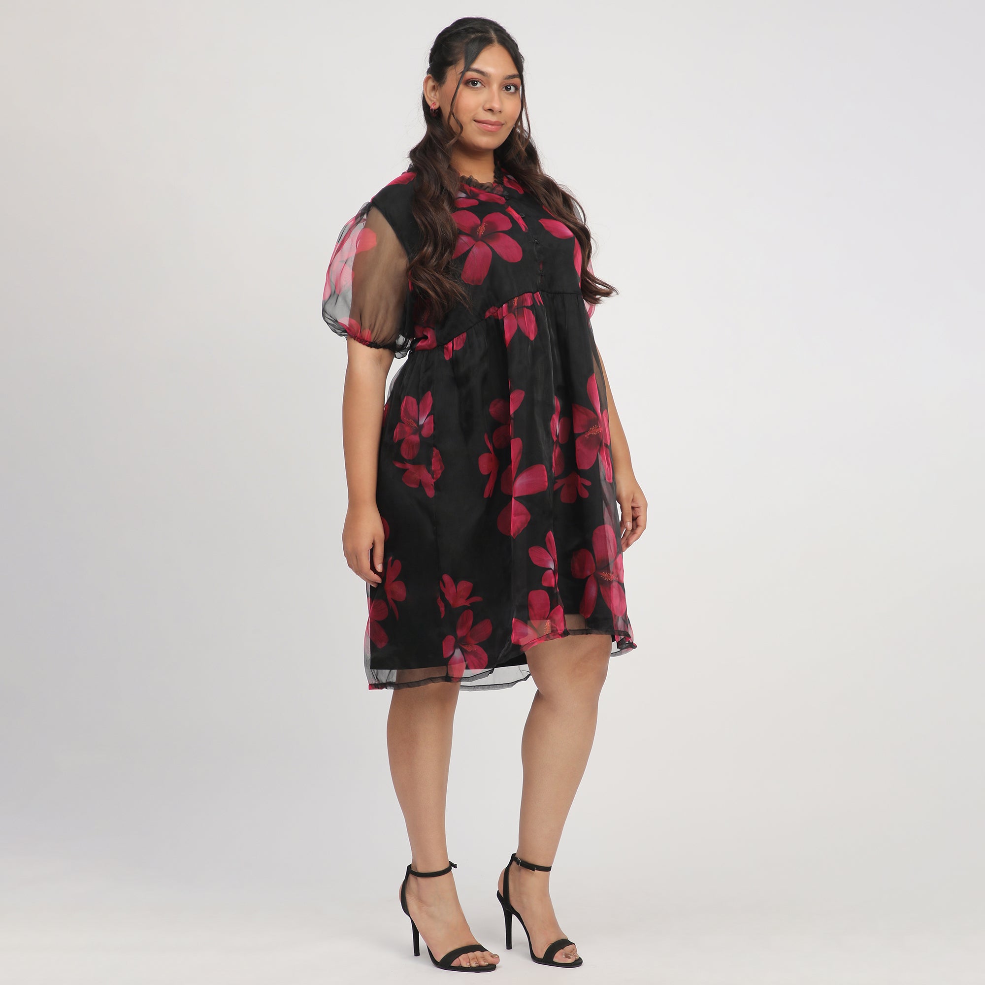 Black Plus-Size Floral Printed Organza Dress