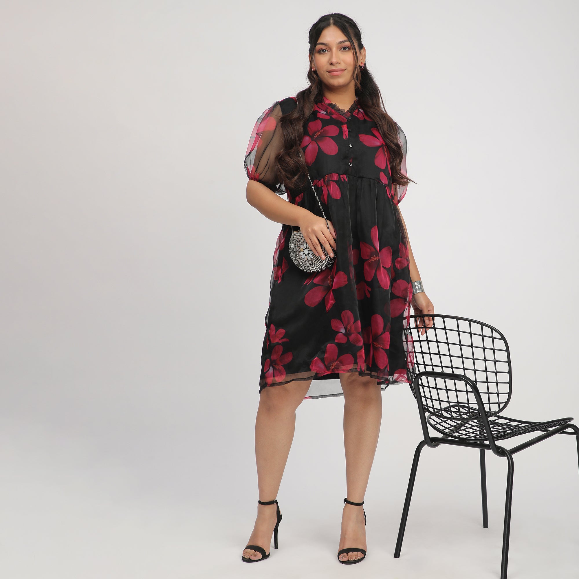 Black Plus-Size Floral Printed Organza Dress