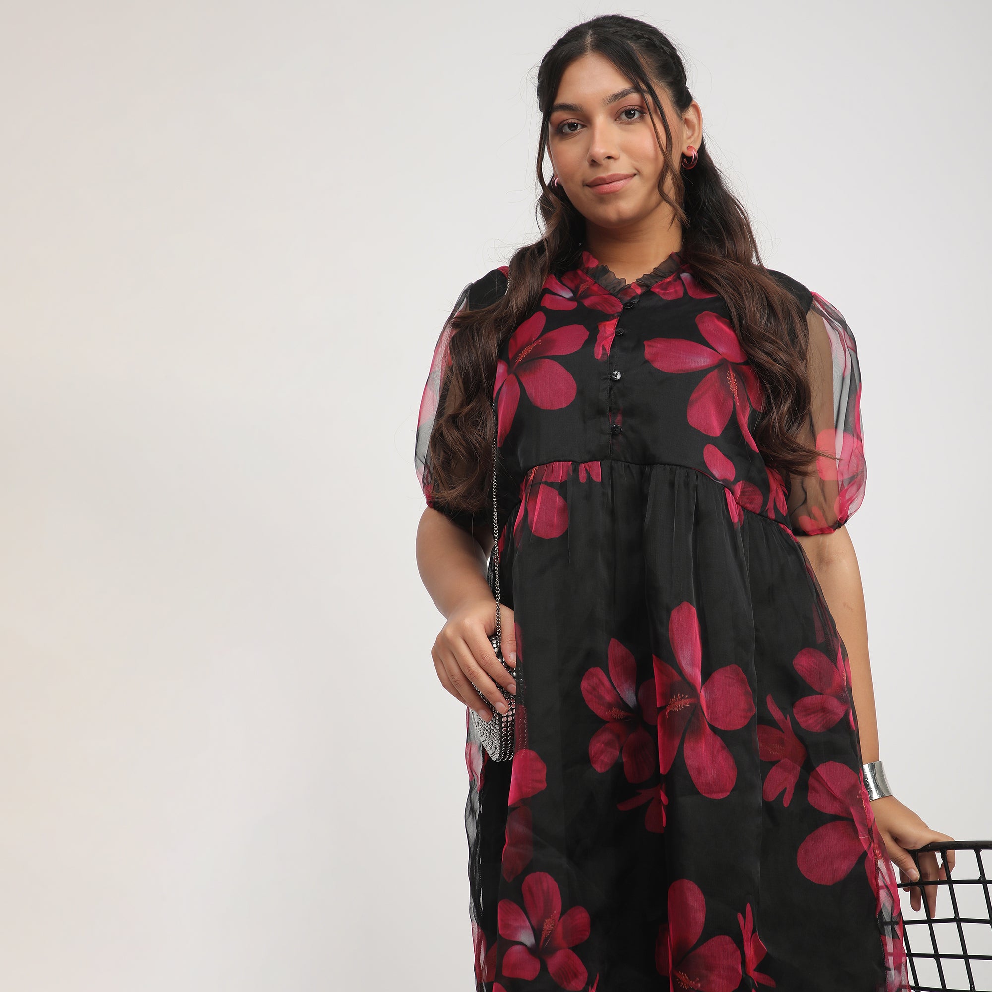 Black Plus-Size Floral Printed Organza Dress