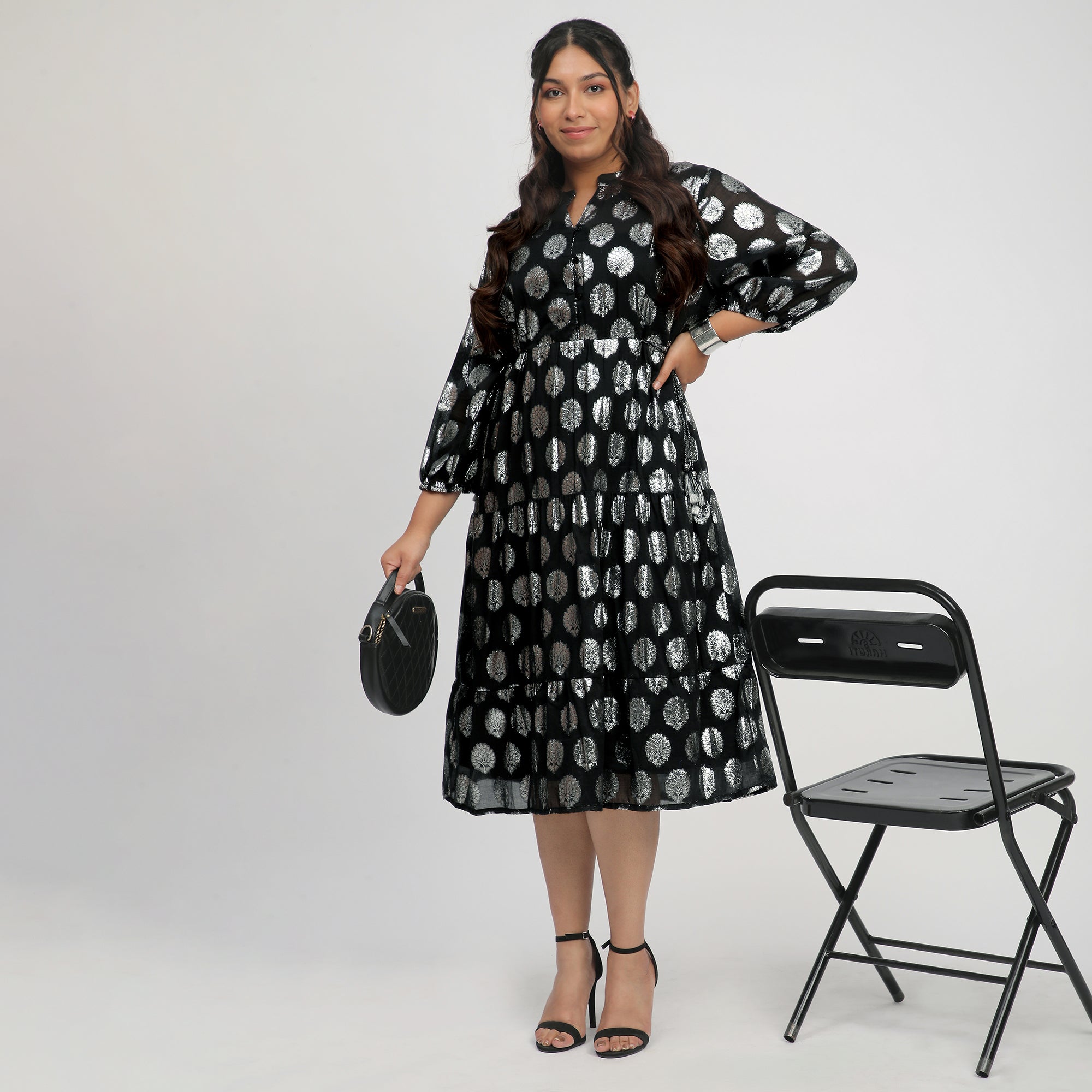 Black Plus-Size Lurex Burnout Ethnic Dress