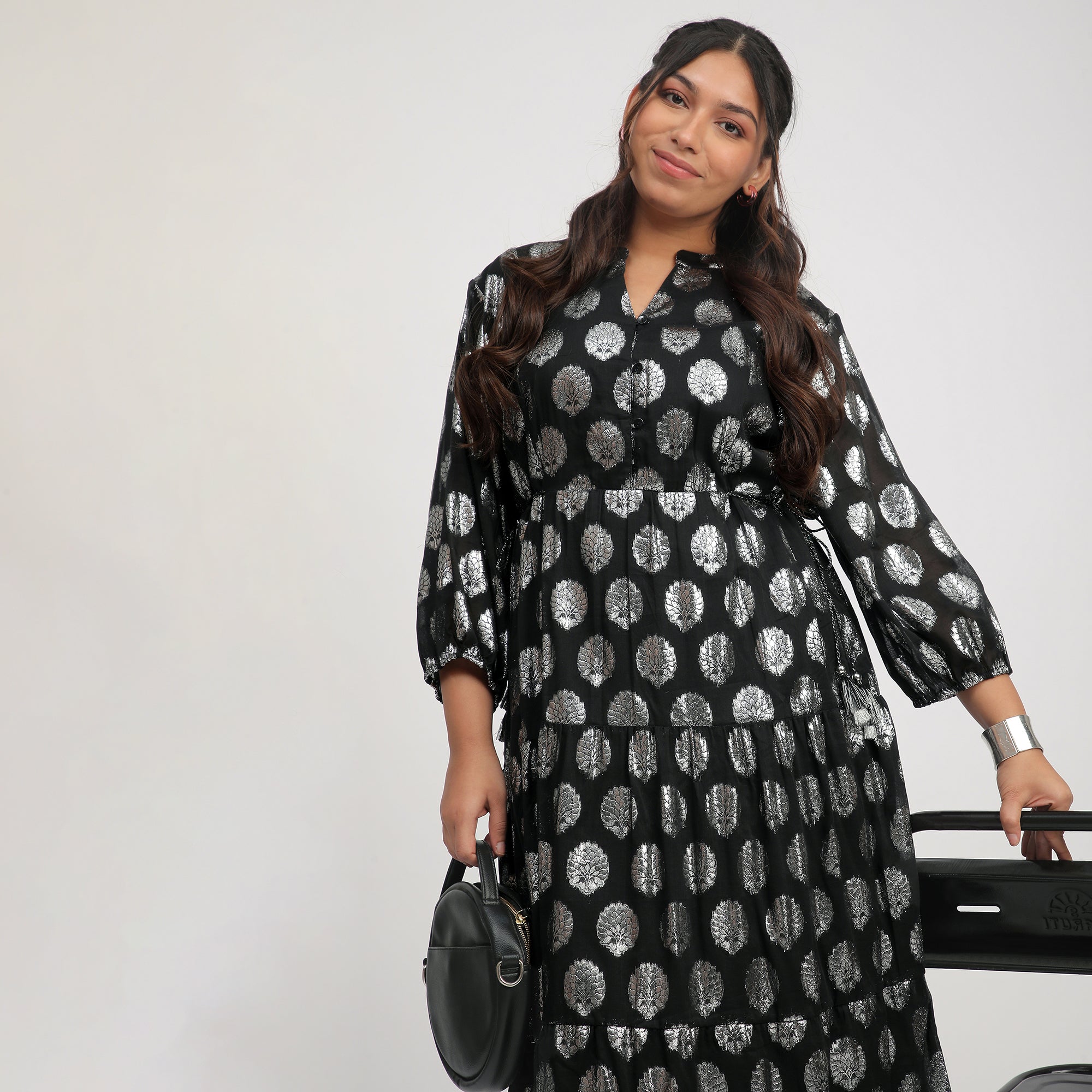 Black Plus-Size Lurex Burnout Ethnic Dress