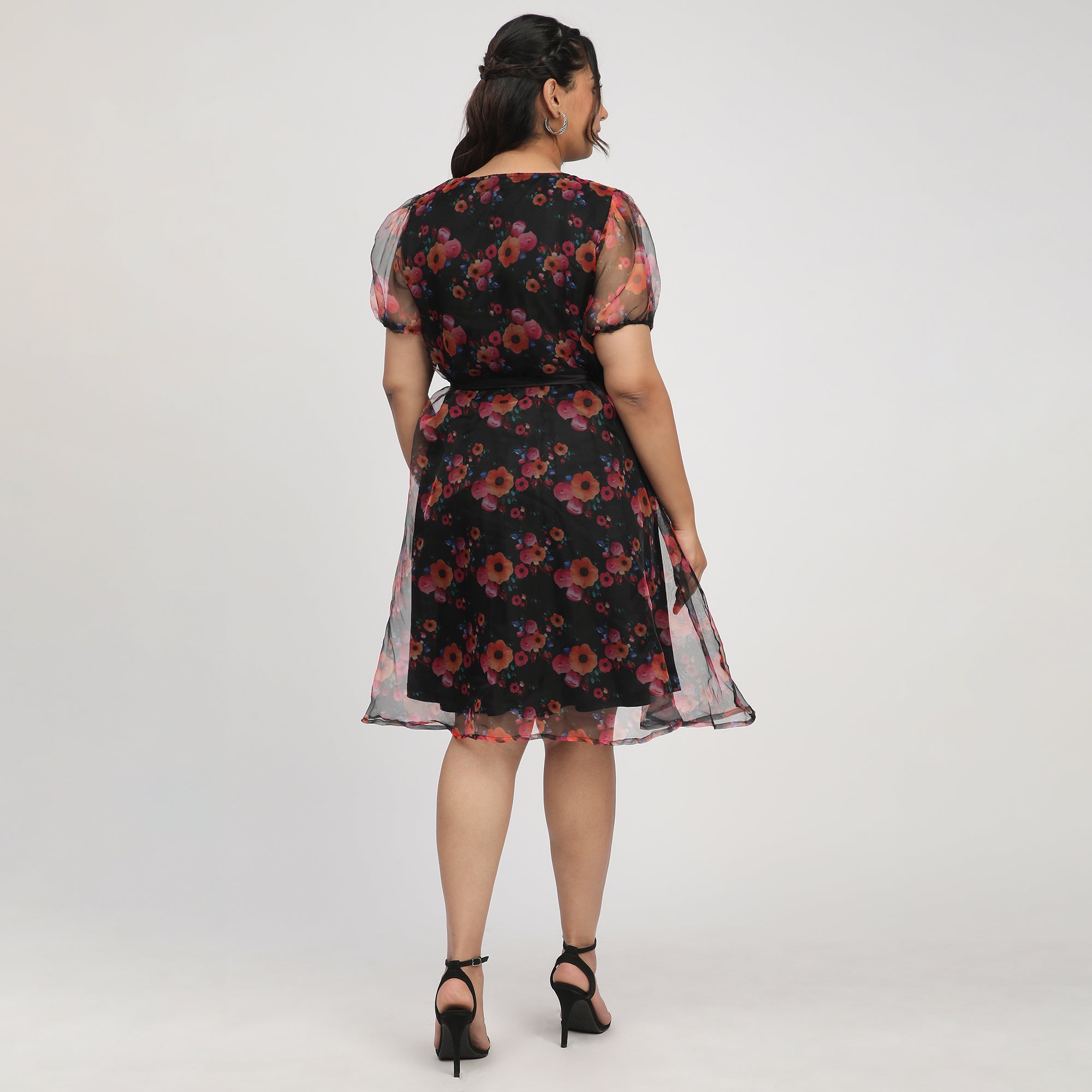 Black Plus-Size Floral Printed Organza Overlap Dress