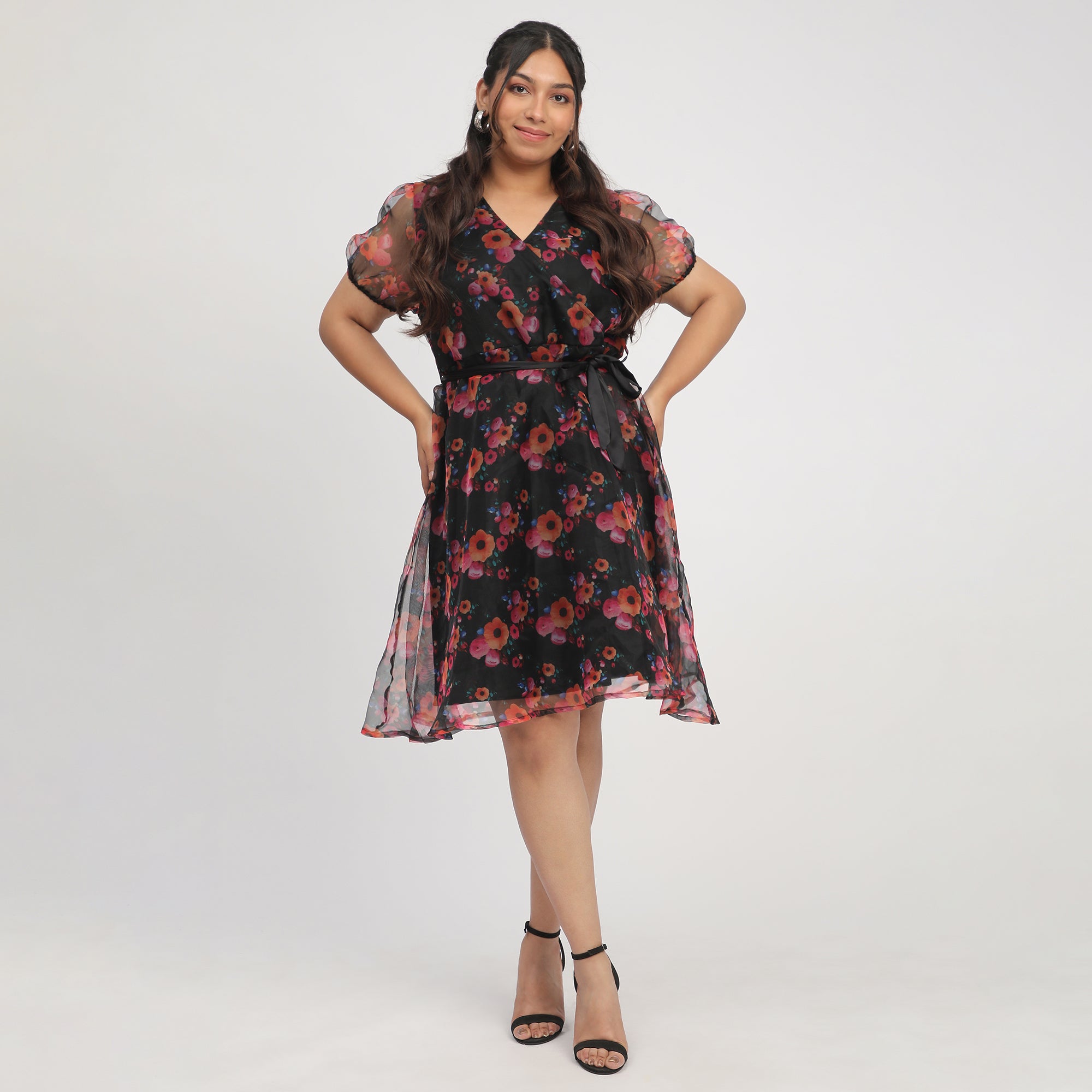 Black Plus-Size Floral Printed Organza Overlap Dress