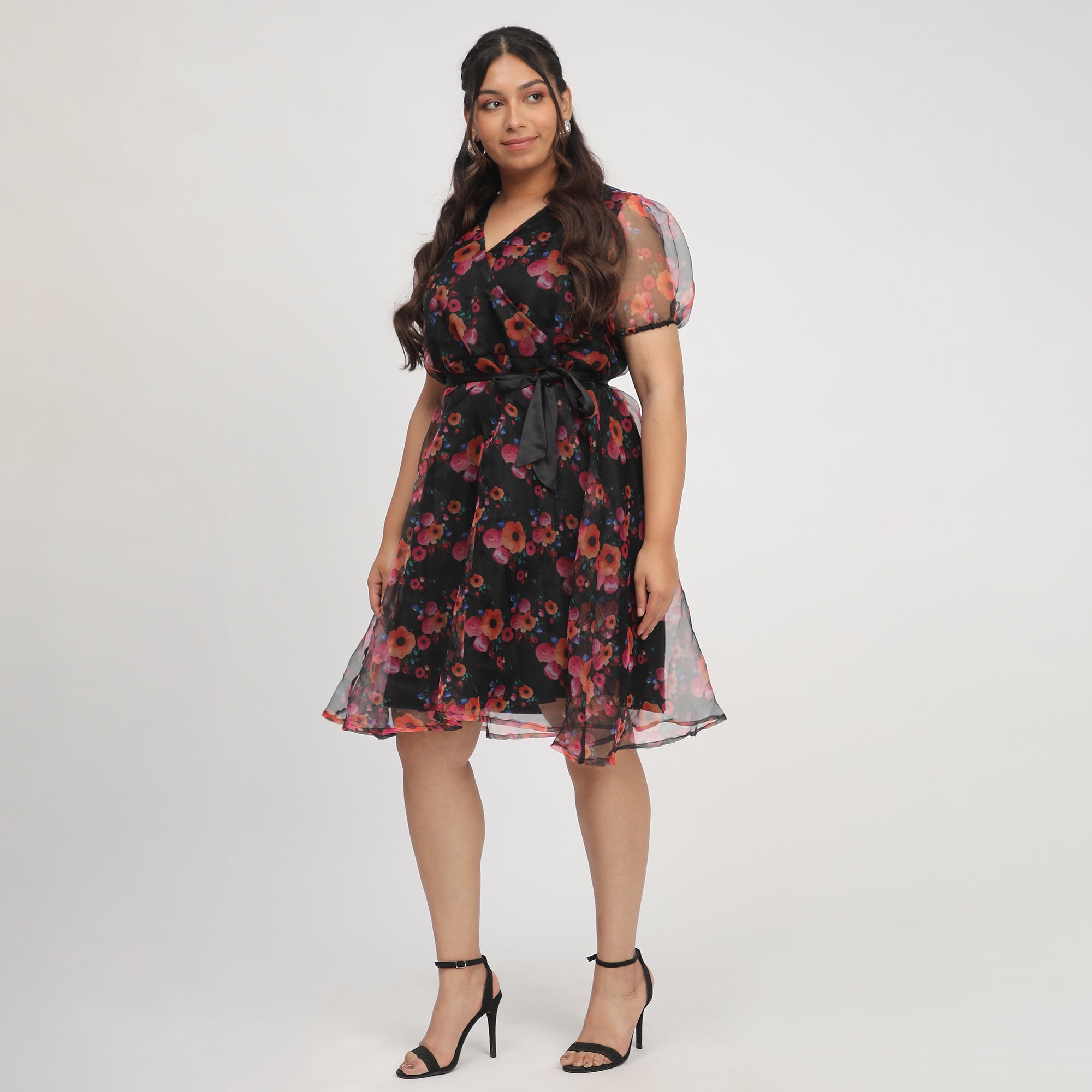 Black Plus-Size Floral Printed Organza Overlap Dress