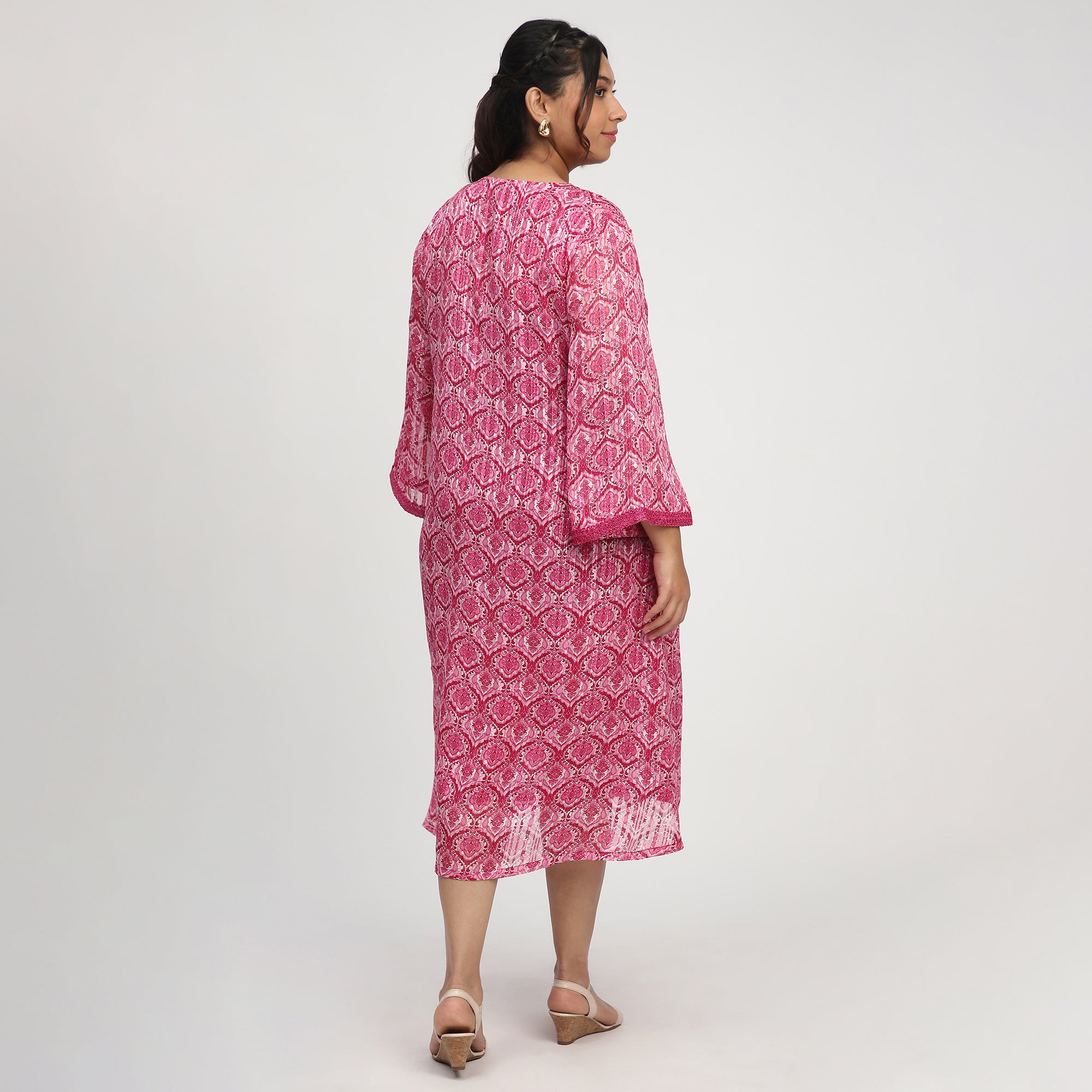 Magenta Mix & Match Print Plus-Size Lace Embellished Ethnic Dress