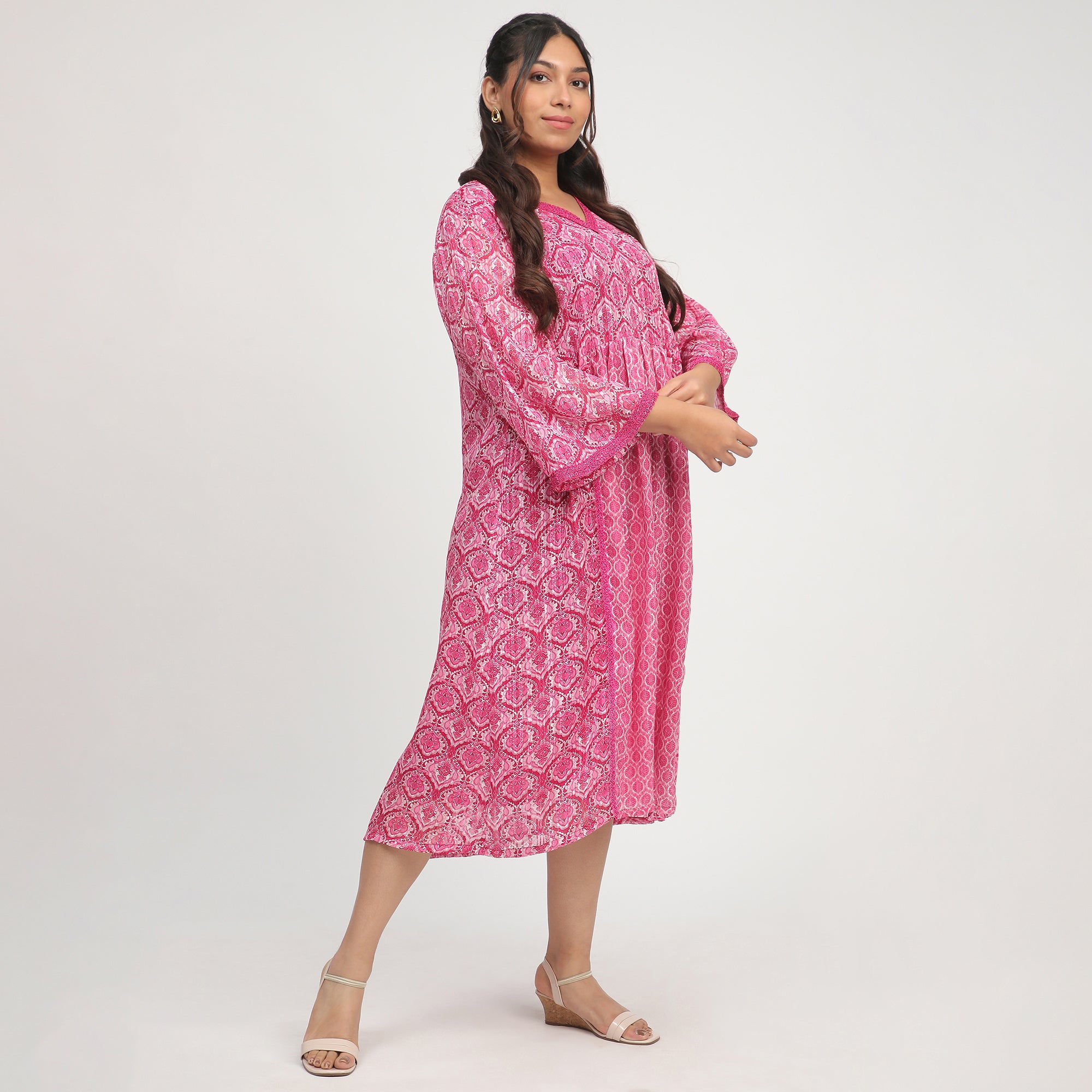 Magenta Mix & Match Print Plus-Size Lace Embellished Ethnic Dress