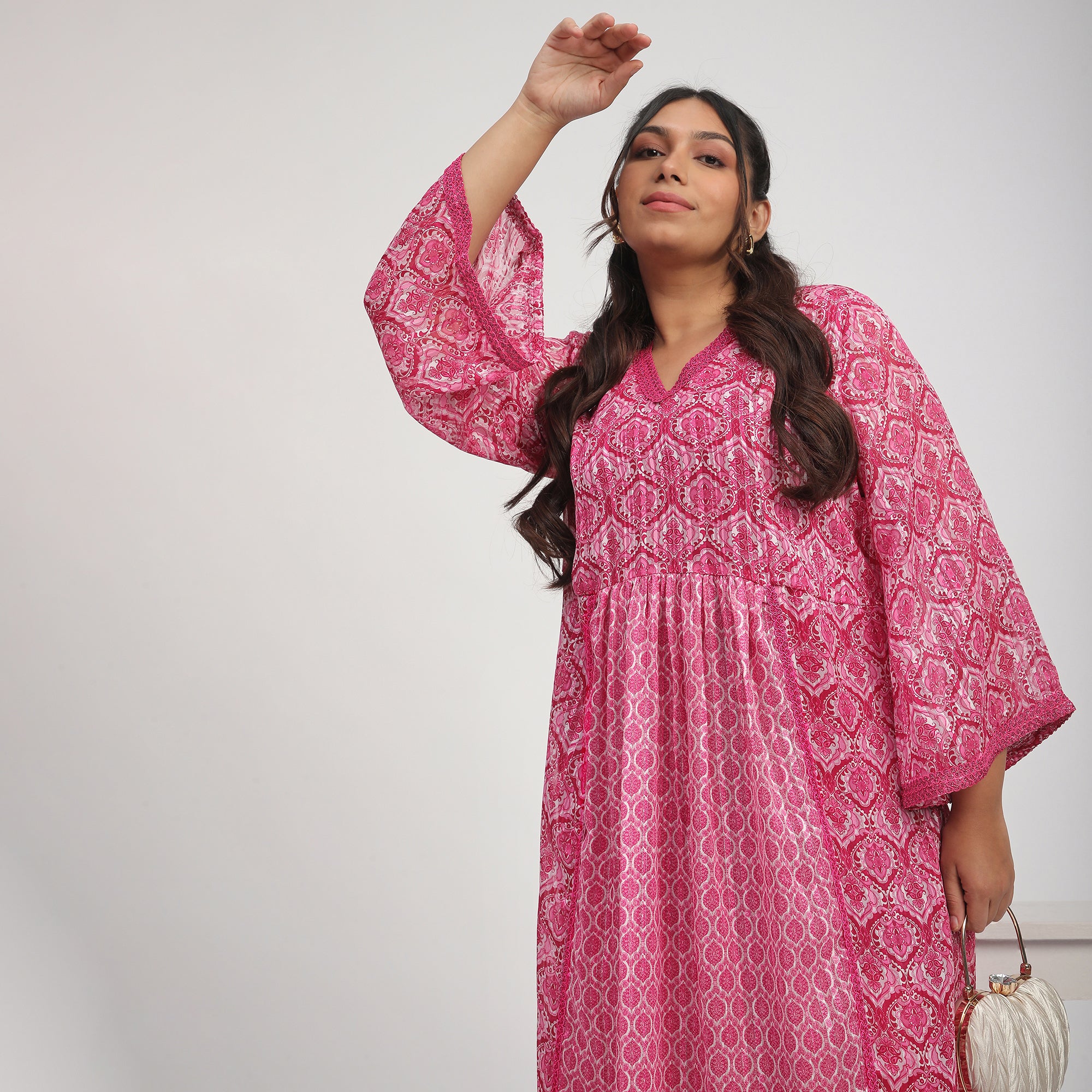 Magenta Mix & Match Print Plus-Size Lace Embellished Ethnic Dress