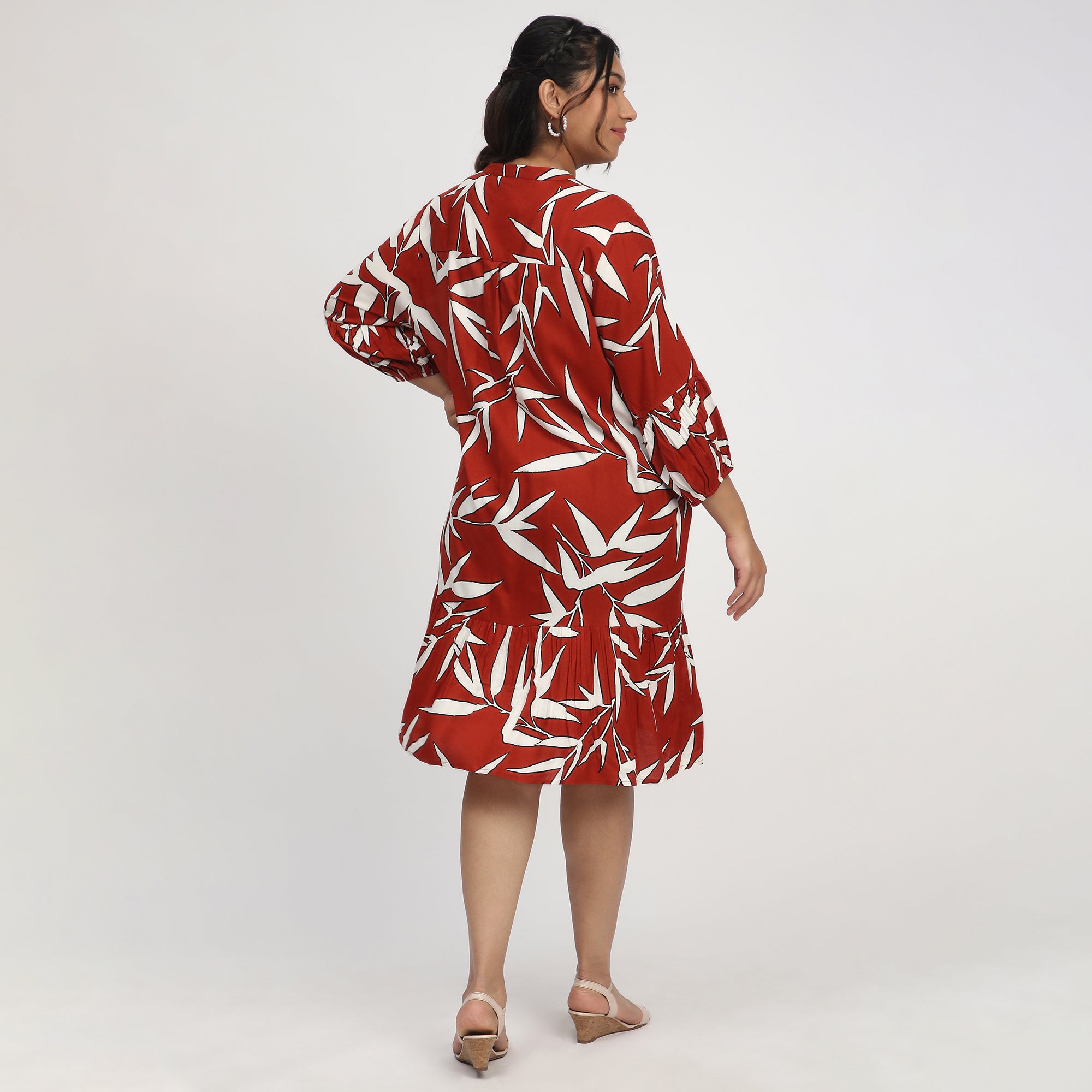 Rust Leaf Print Plus-Size Shirt Dress with 3/4th Sleeves