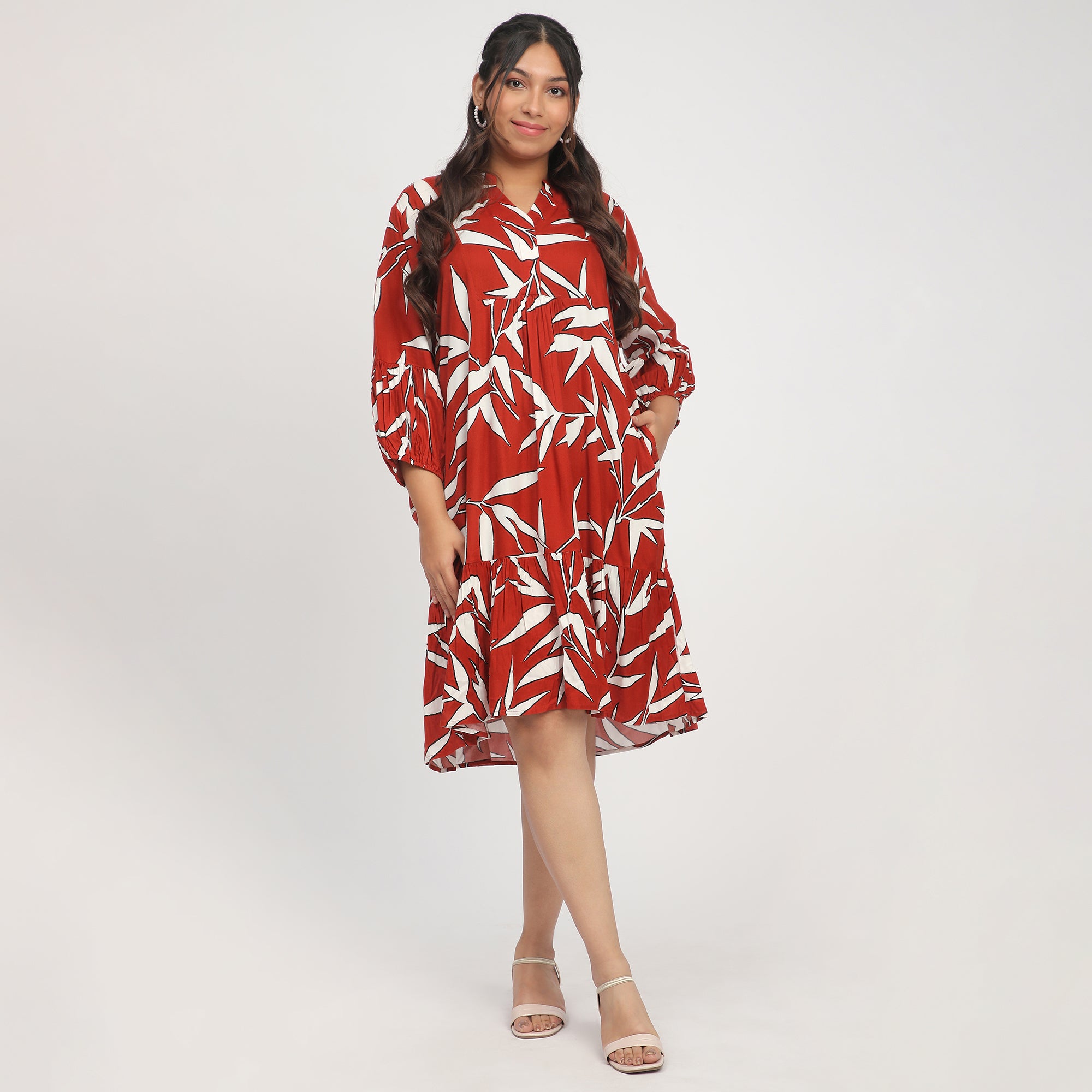 Rust Leaf Print Plus-Size Shirt Dress with 3/4th Sleeves