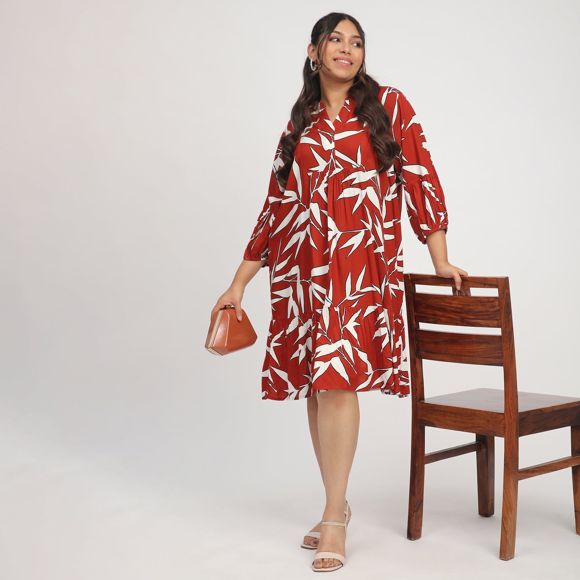 Rust Leaf Print Plus-Size Shirt Dress with 3/4th Sleeves