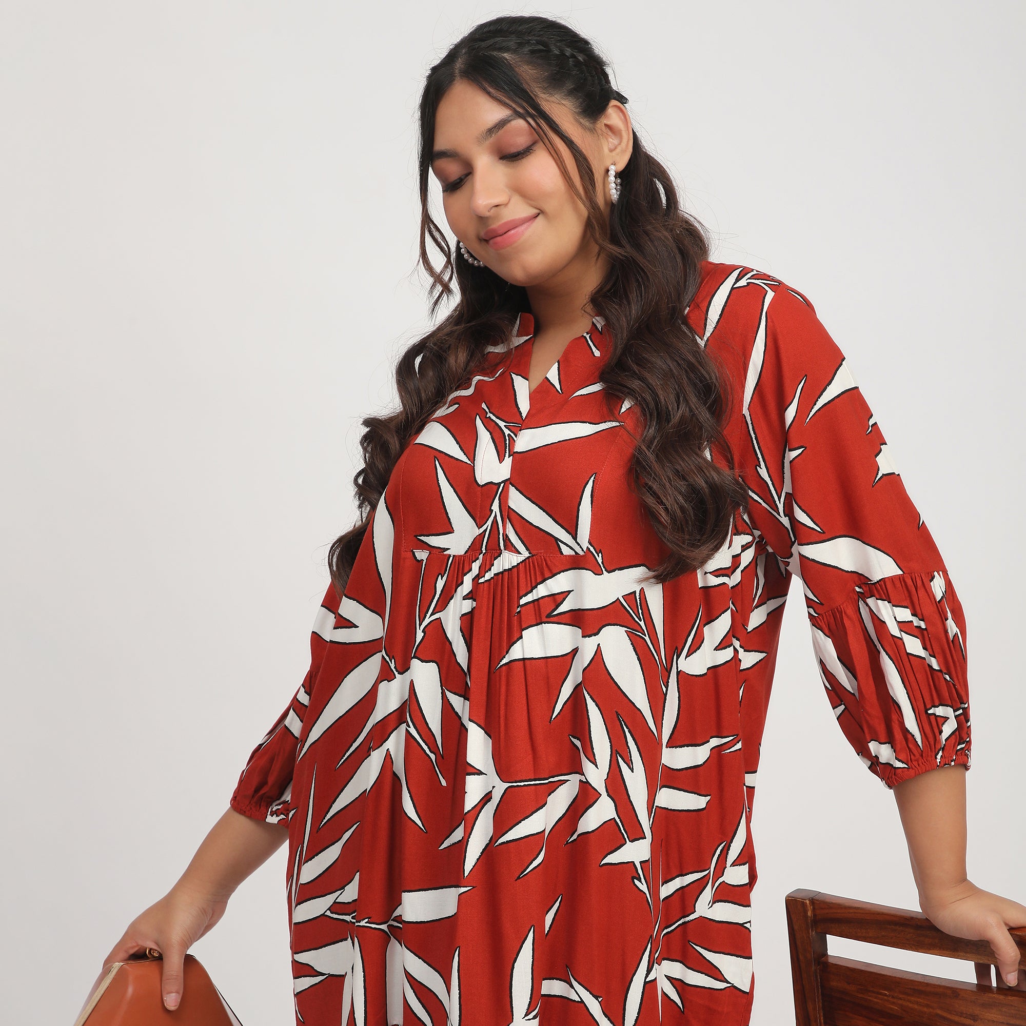 Rust Leaf Print Plus-Size Shirt Dress with 3/4th Sleeves