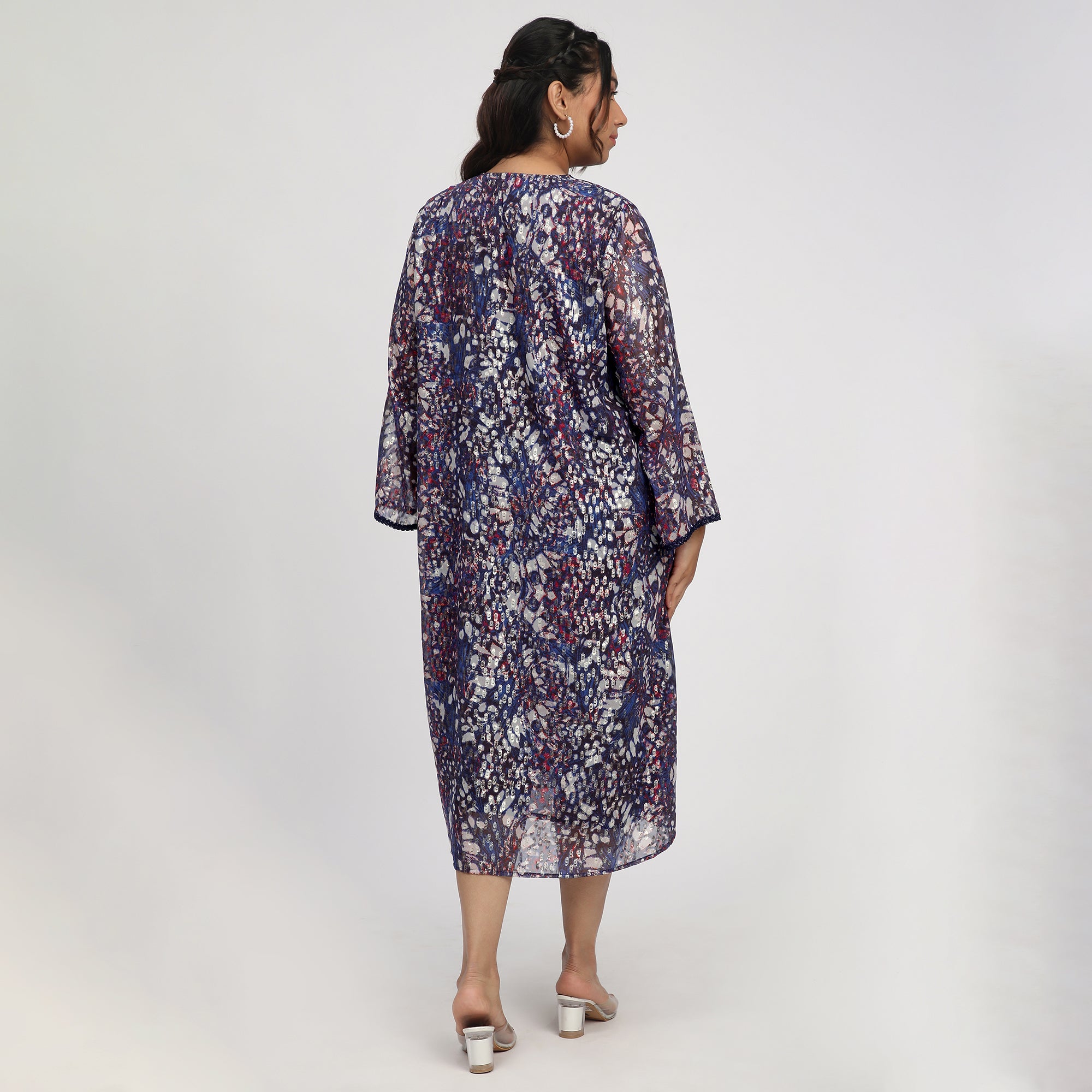 Navy Blue Plus-Size Abstract Print Ethnic Dress with Lace Insert