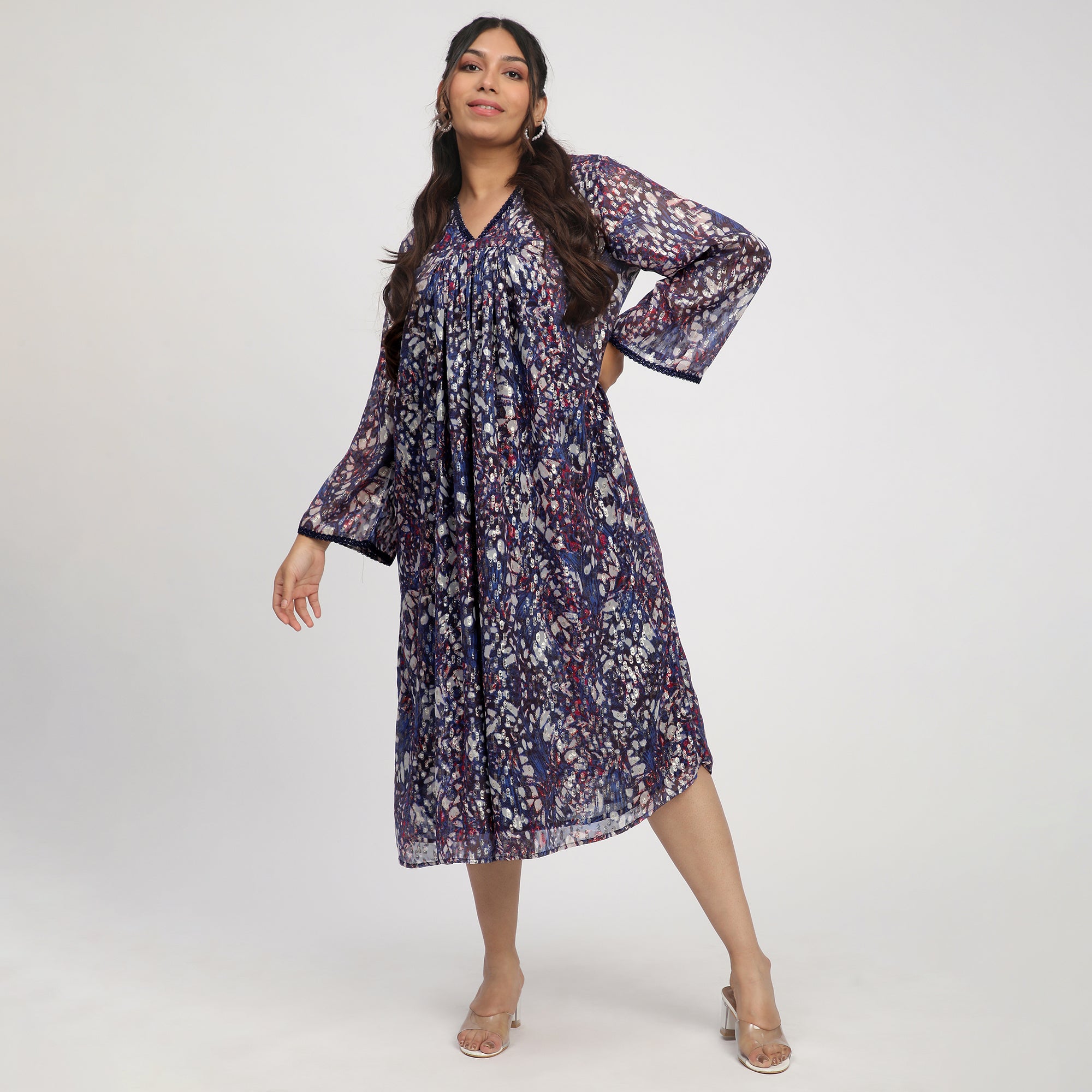 Navy Blue Plus-Size Abstract Print Ethnic Dress with Lace Insert