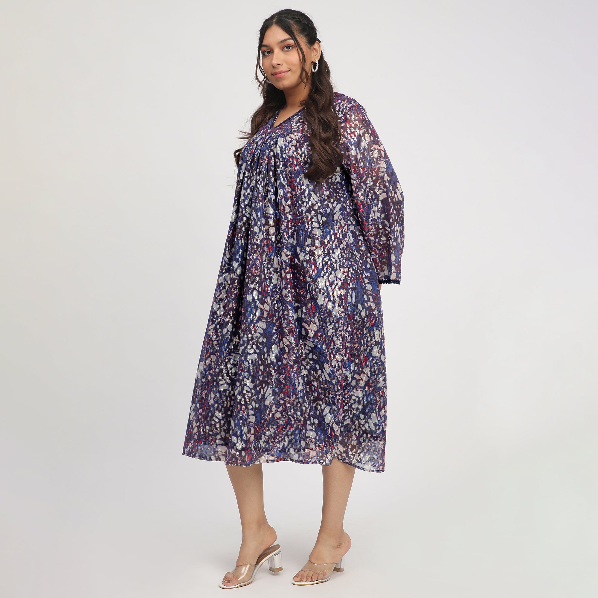 Navy Blue Plus-Size Abstract Print Ethnic Dress with Lace Insert