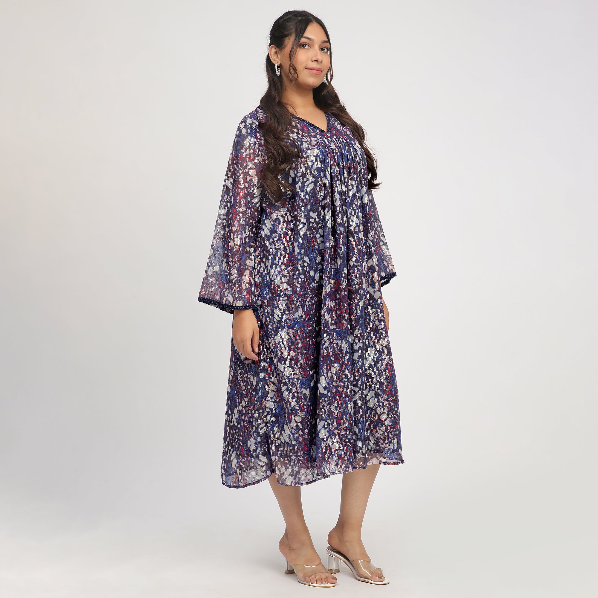 Navy Blue Plus-Size Abstract Print Ethnic Dress with Lace Insert