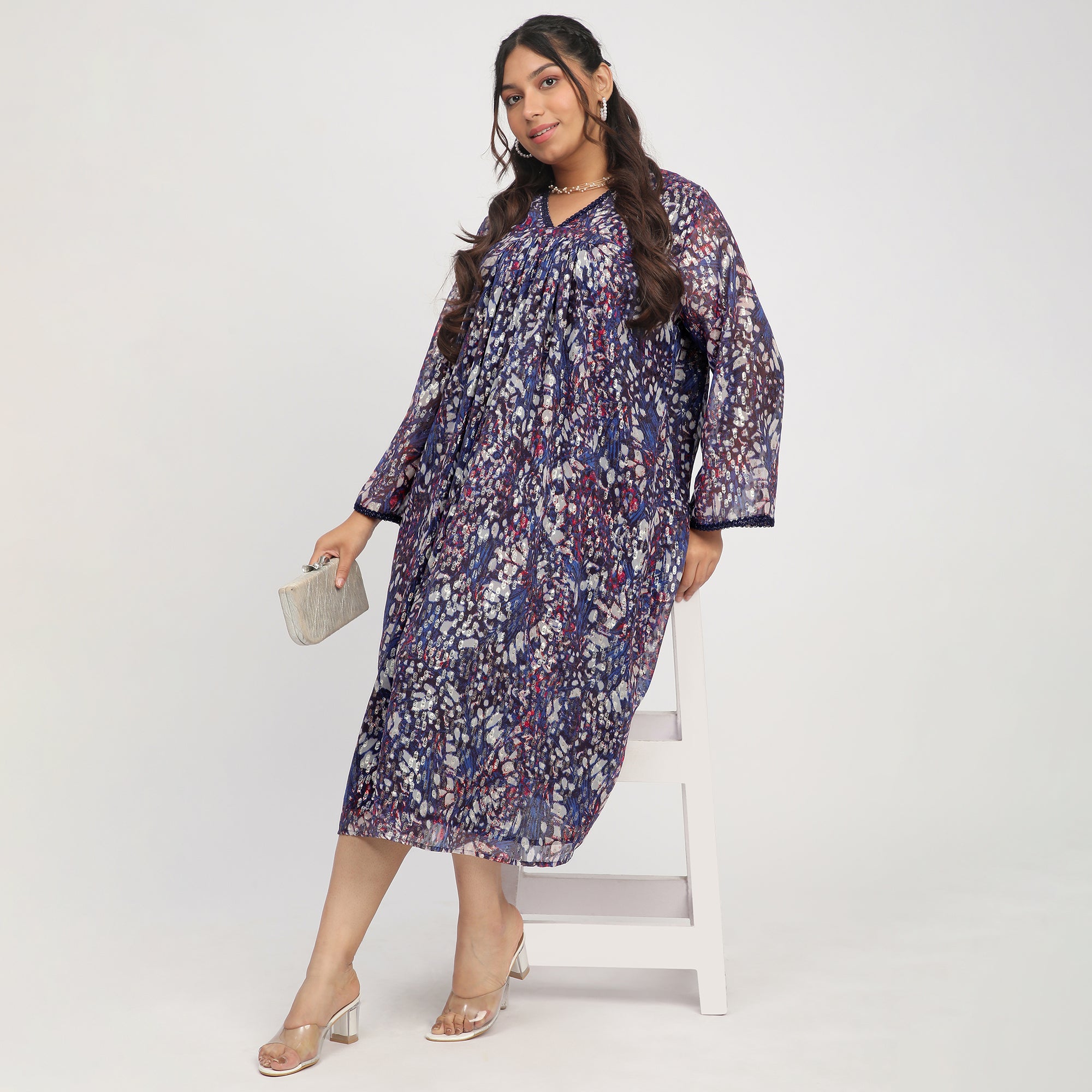 Navy Blue Plus-Size Abstract Print Ethnic Dress with Lace Insert