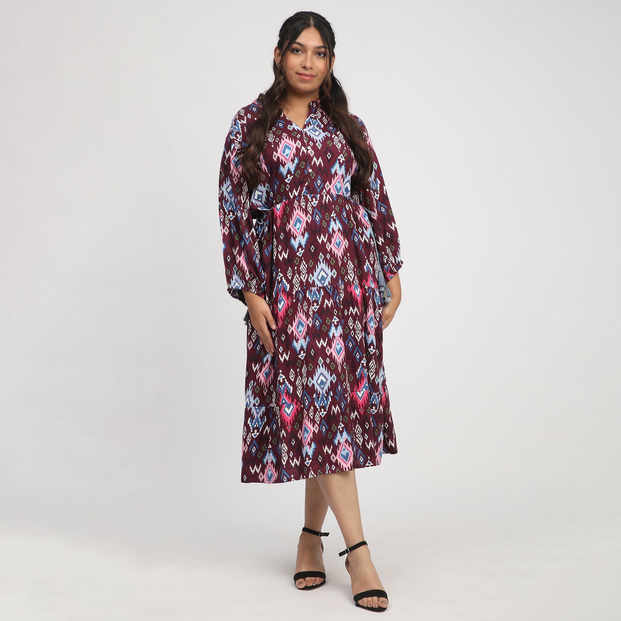 Burgundy Plus-Size Ikat Printed Ethnic Dress