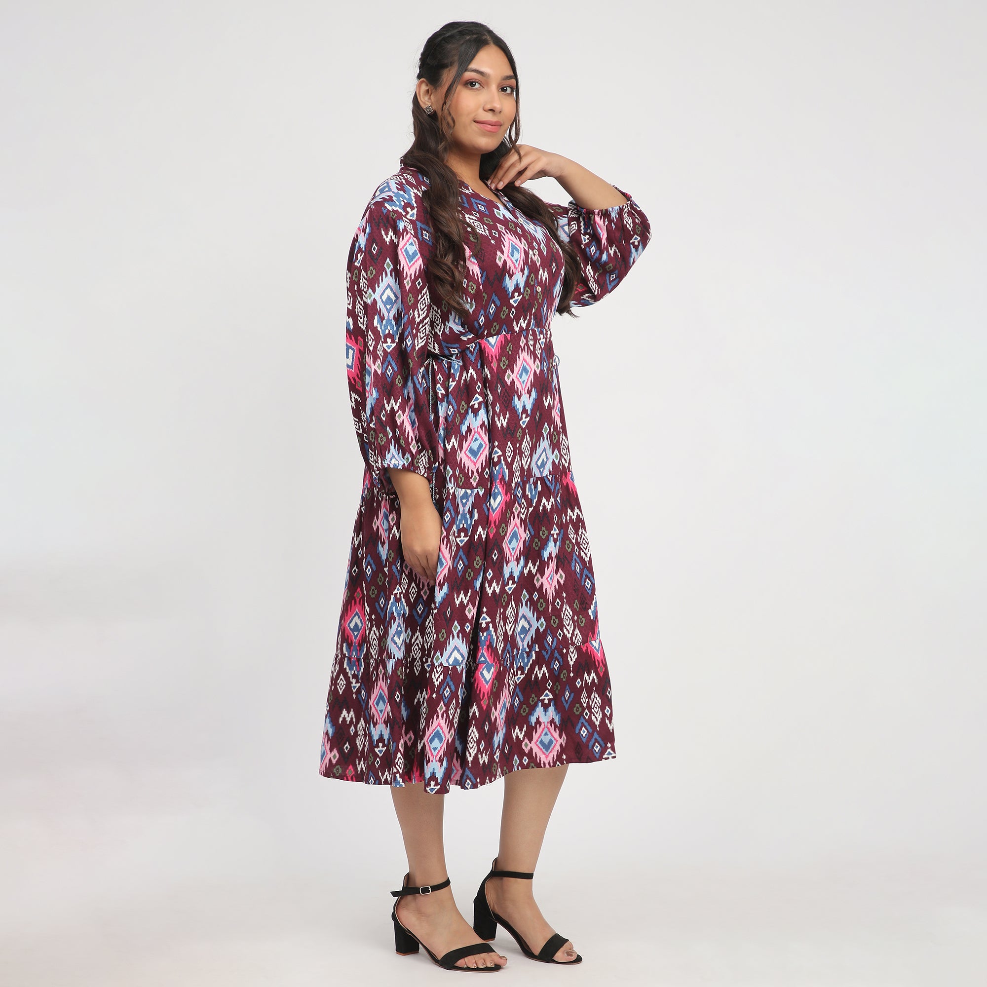 Burgundy Plus-Size Ikat Printed Ethnic Dress