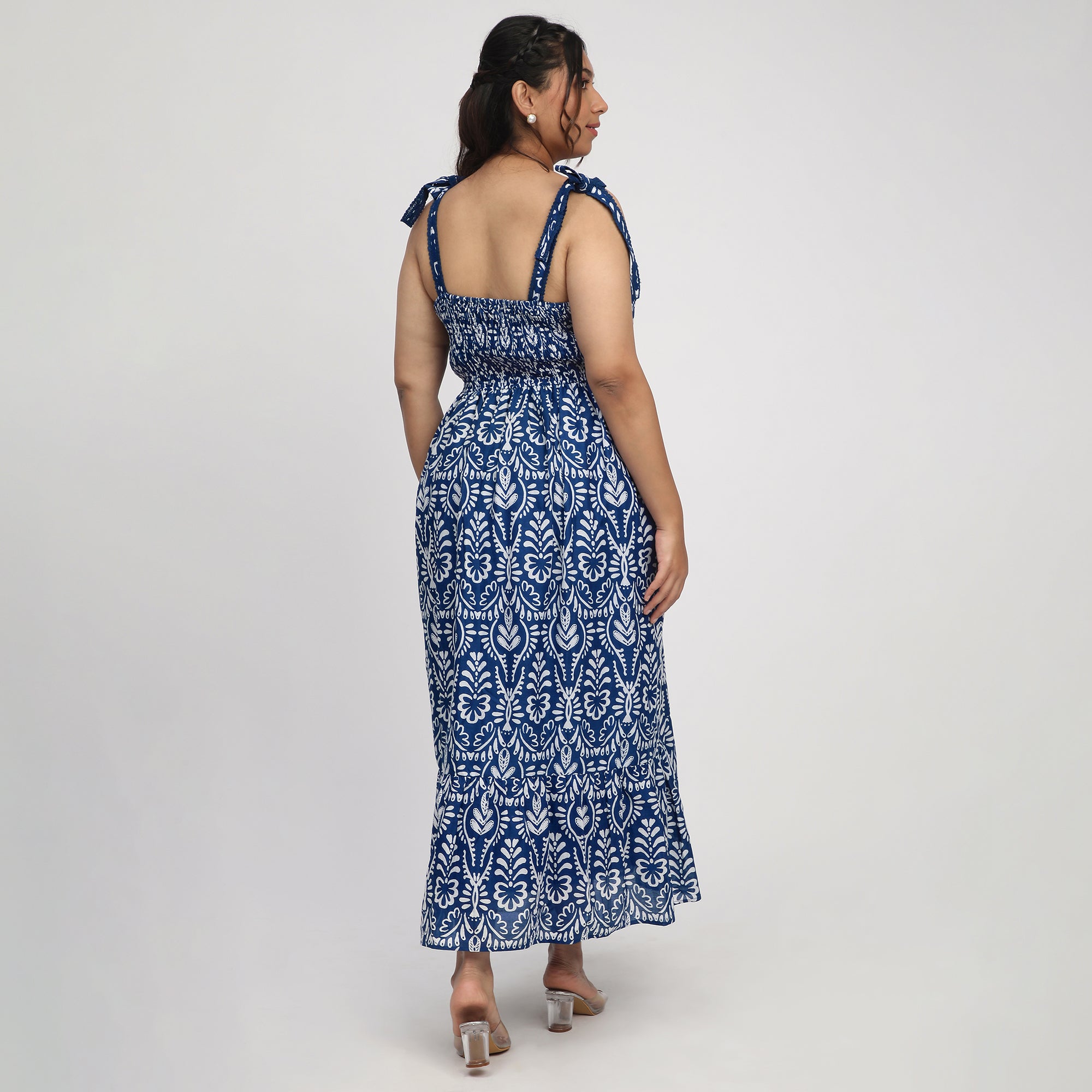 Royal Blue Plus-Size Printed Maxi Summer Dress with Tie-Ups