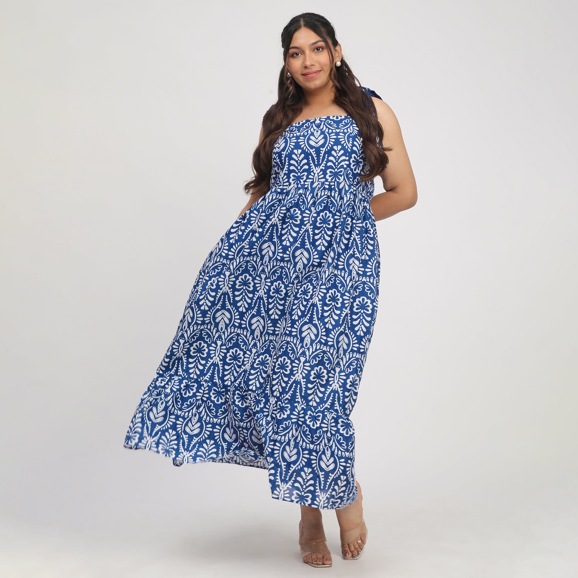 Royal Blue Plus-Size Printed Maxi Summer Dress with Tie-Ups