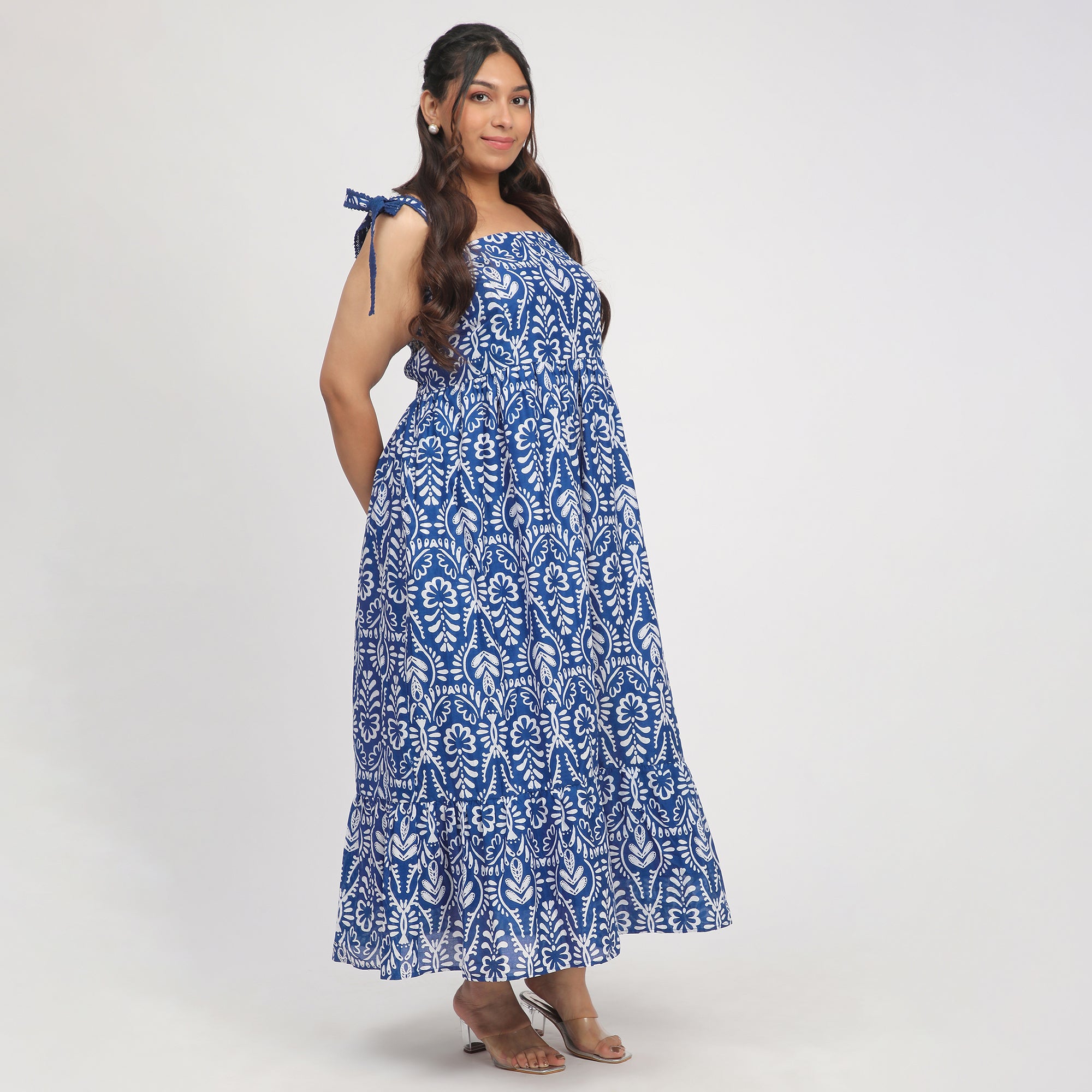 Royal Blue Plus-Size Printed Maxi Summer Dress with Tie-Ups