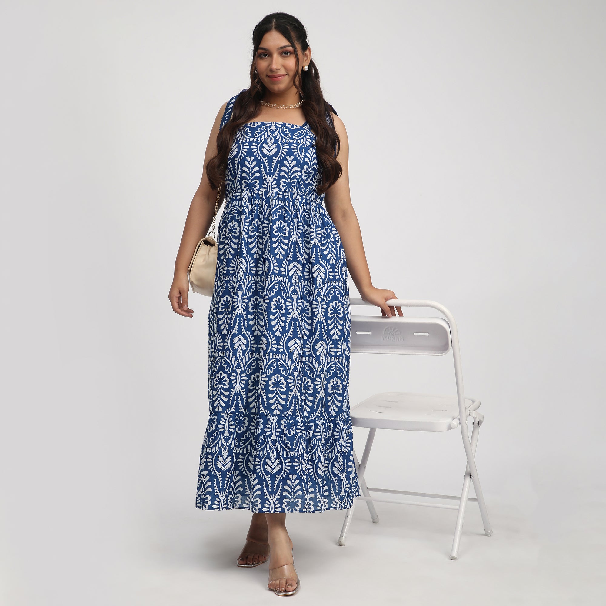 Royal Blue Plus-Size Printed Maxi Summer Dress with Tie-Ups