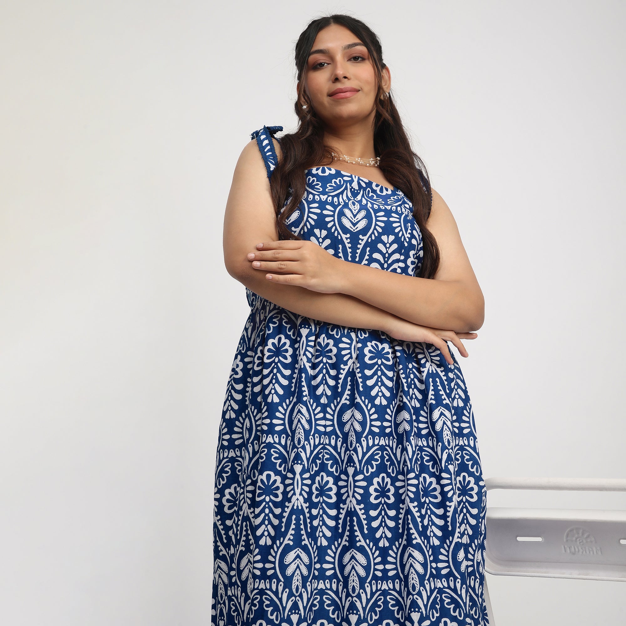 Royal Blue Plus-Size Printed Maxi Summer Dress with Tie-Ups