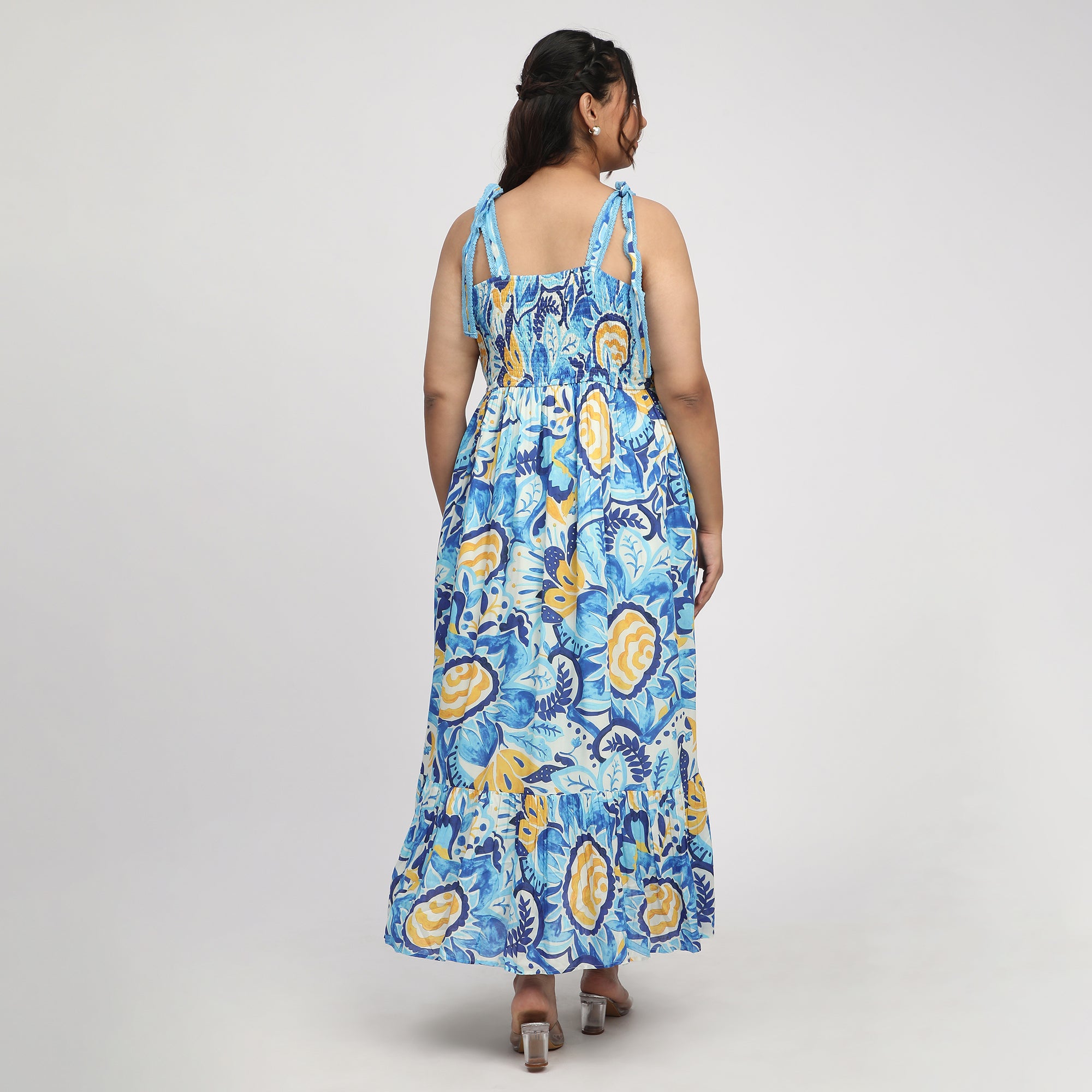 Blue Plus-Size Abstract Print Maxi Summer Dress with Tie-Ups