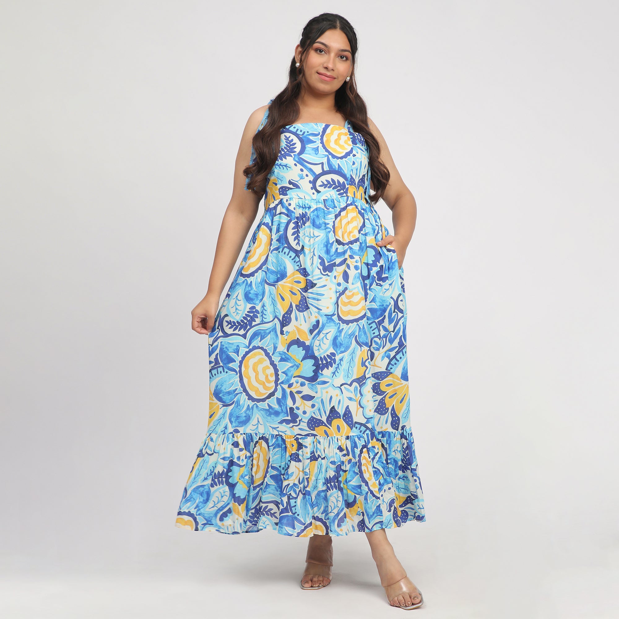 Blue Plus-Size Abstract Print Maxi Summer Dress with Tie-Ups