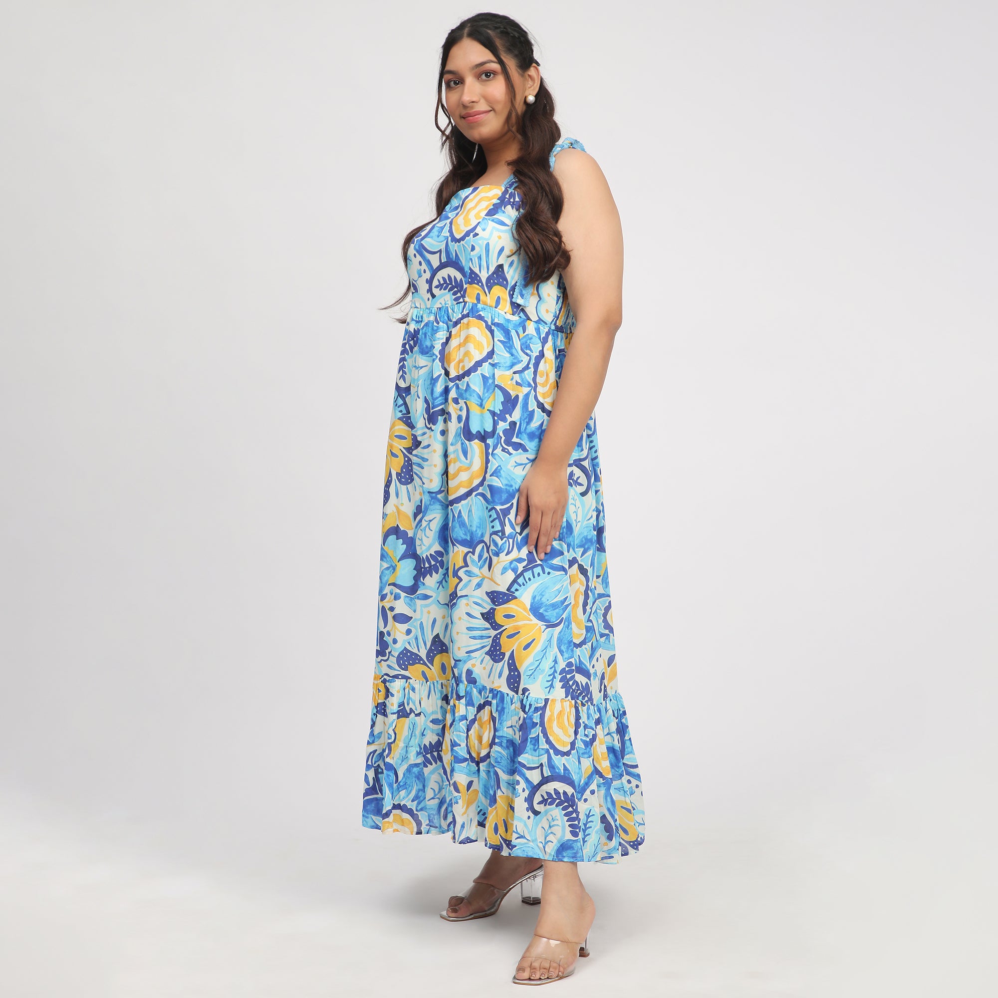 Blue Plus-Size Abstract Print Maxi Summer Dress with Tie-Ups