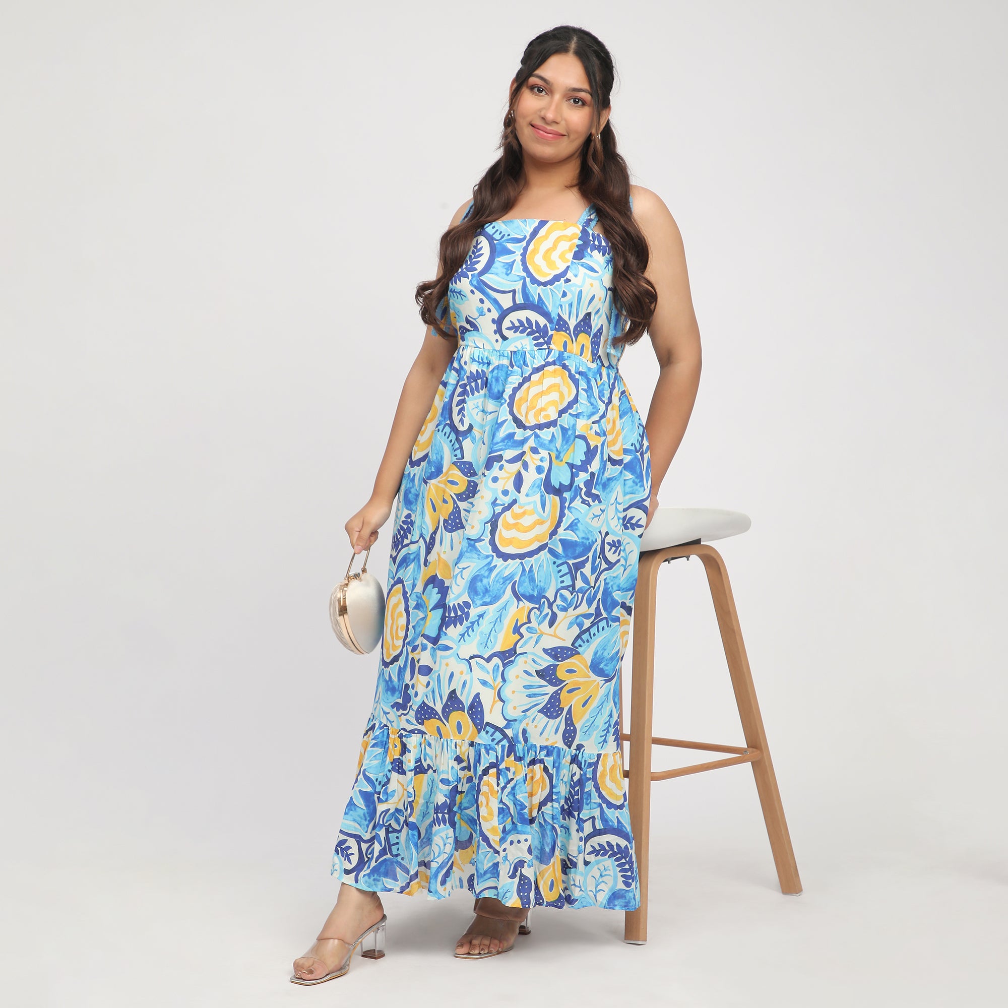 Blue Plus-Size Abstract Print Maxi Summer Dress with Tie-Ups