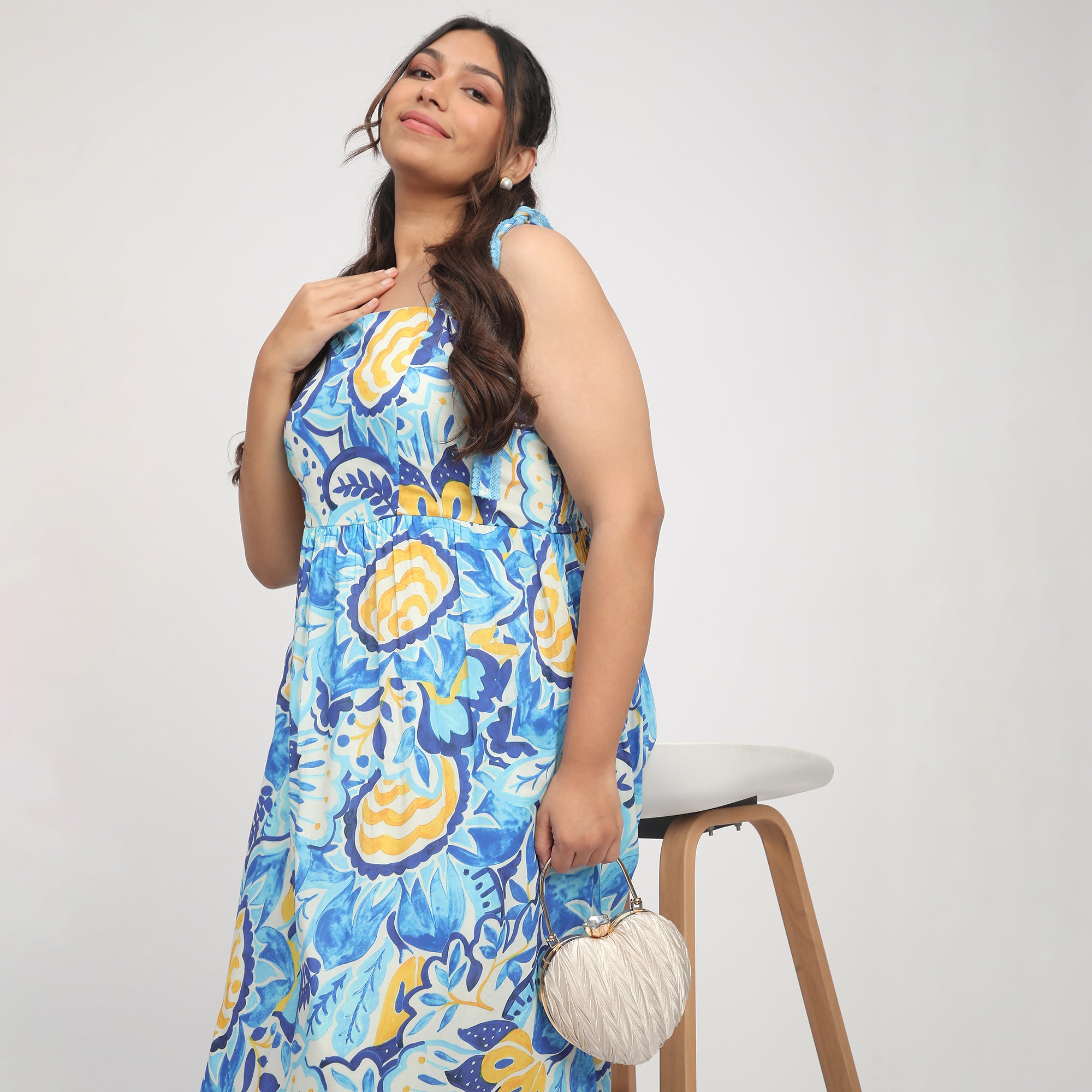 Blue Plus-Size Abstract Print Maxi Summer Dress with Tie-Ups