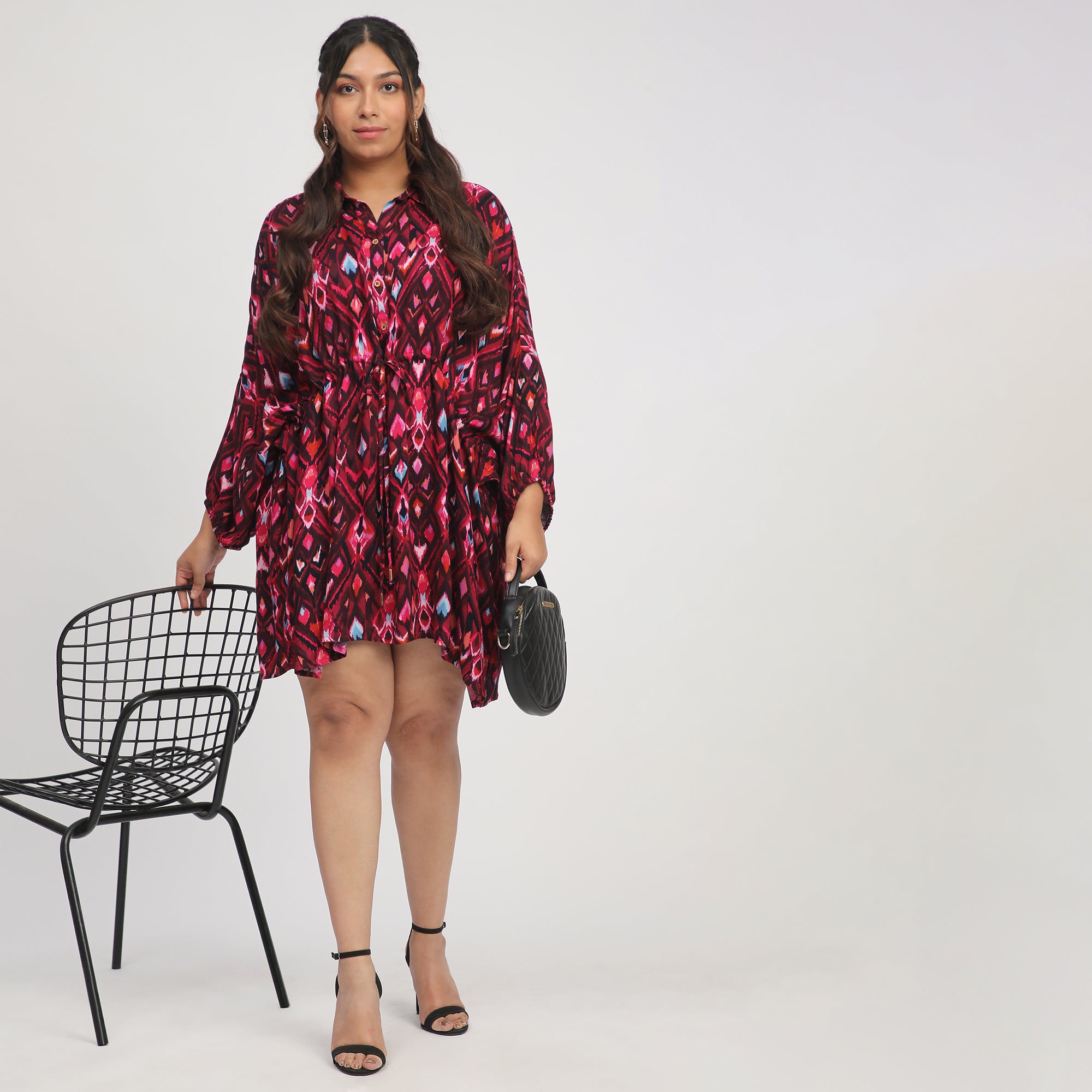 Dark Pink Plus-Size Ikat Print Kaftan with Drawstrings