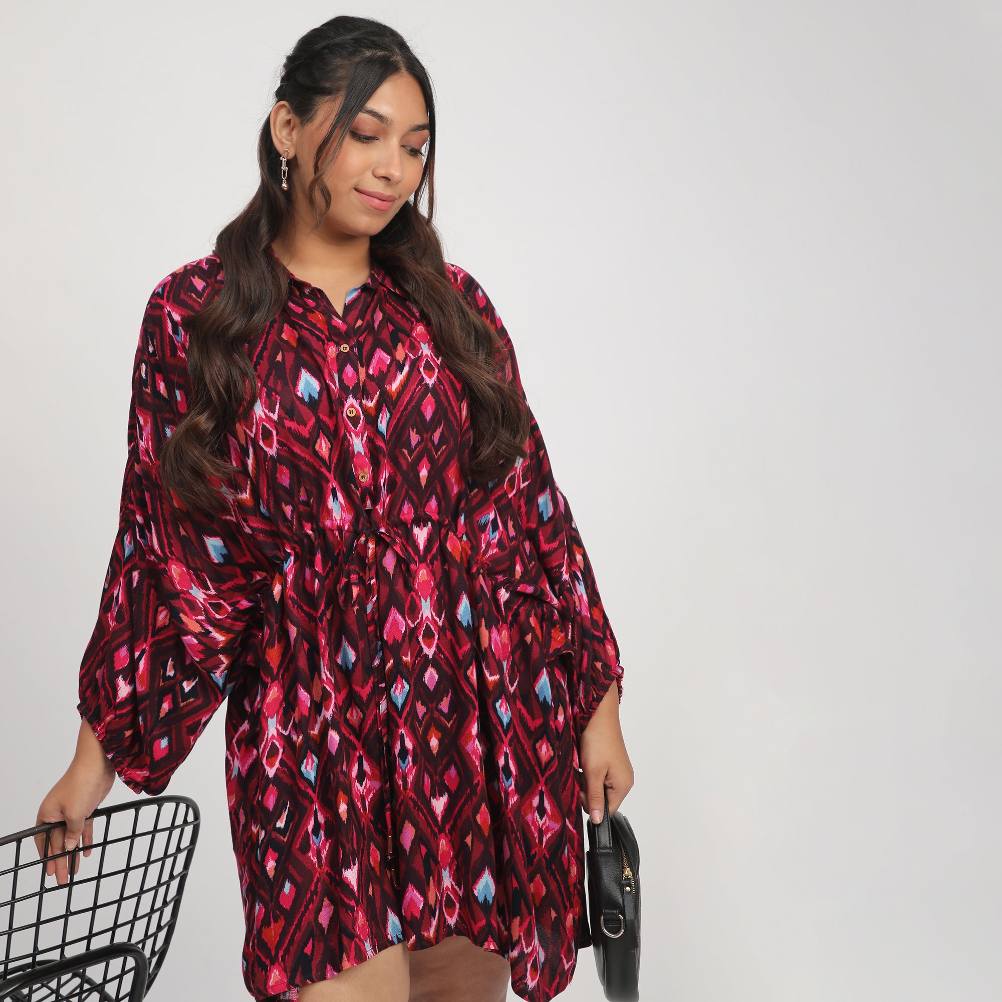 Dark Pink Plus-Size Ikat Print Kaftan with Drawstrings