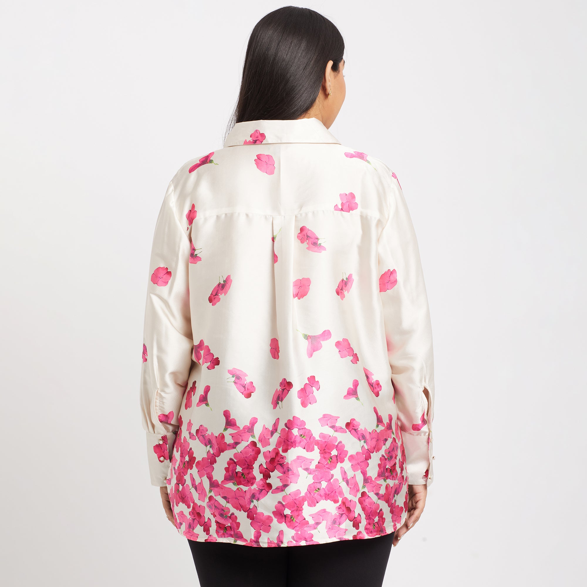 Pink Floral Print Plus Size Satin Basic Shirt