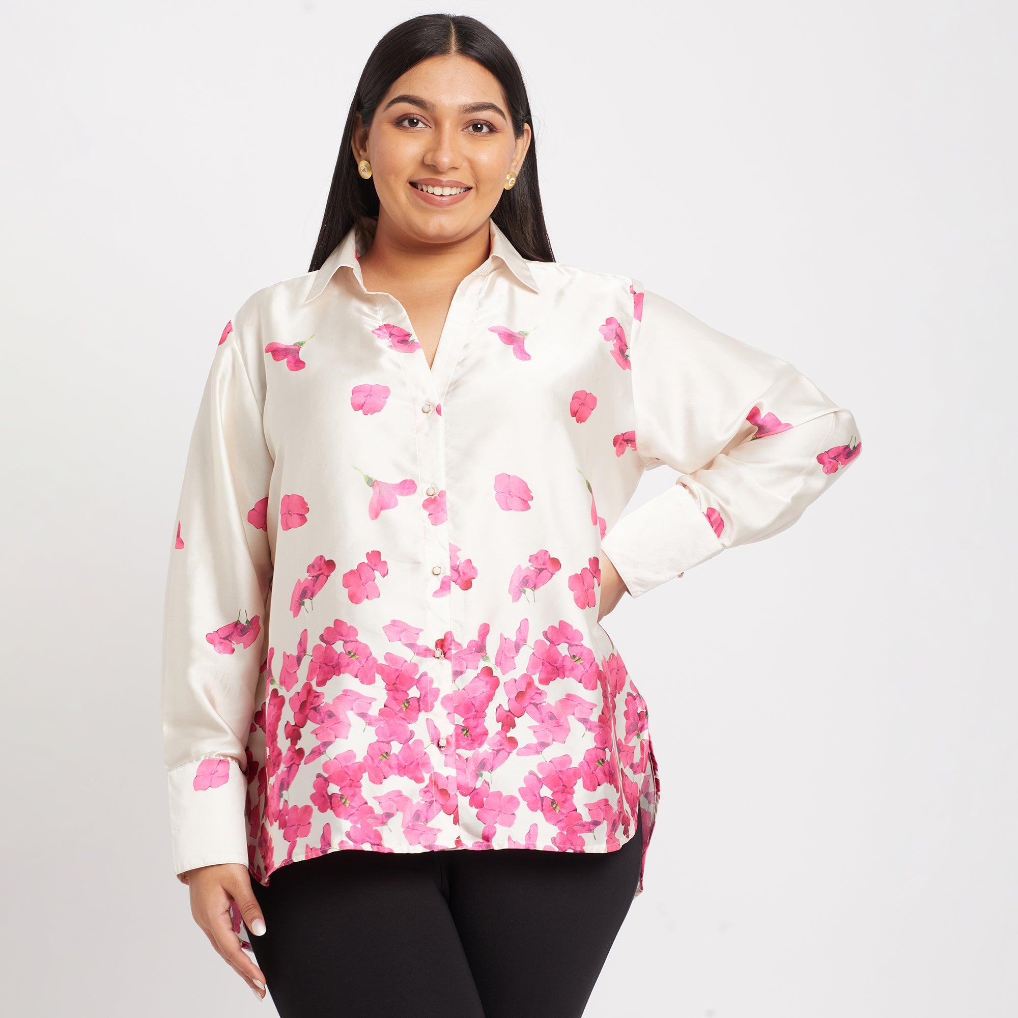 Pink Floral Print Plus Size Satin Basic Shirt