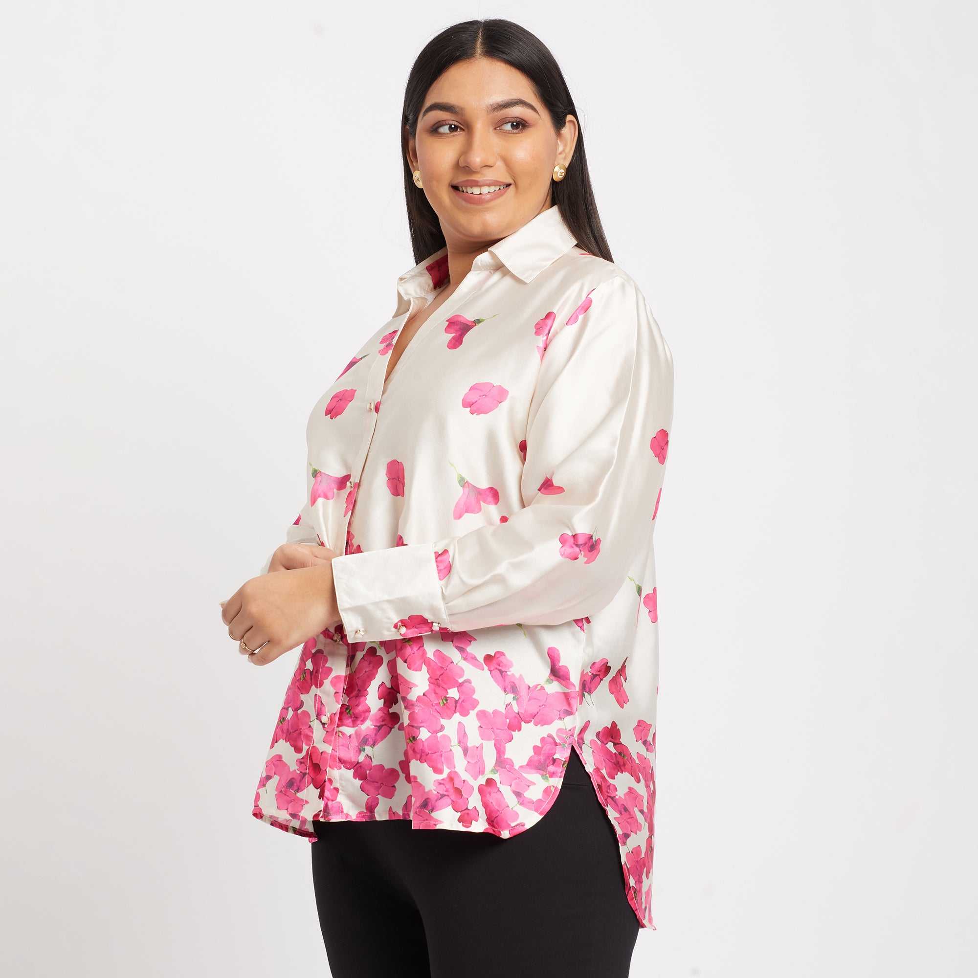 Pink Floral Print Plus Size Satin Basic Shirt