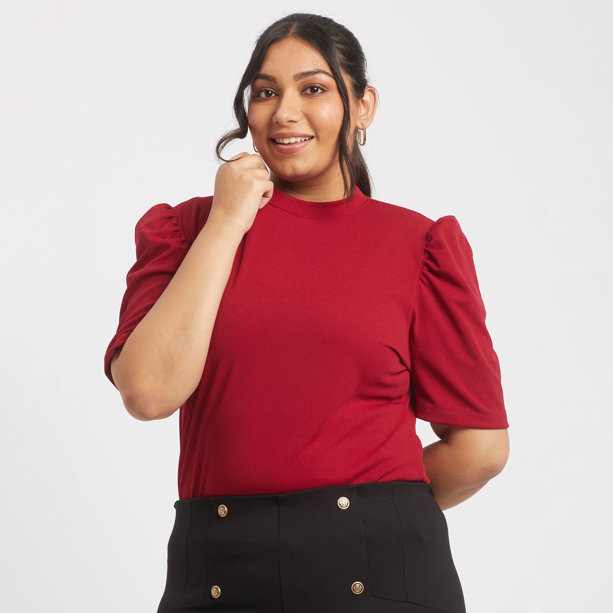 Red textured knit plus size puff sleeves top