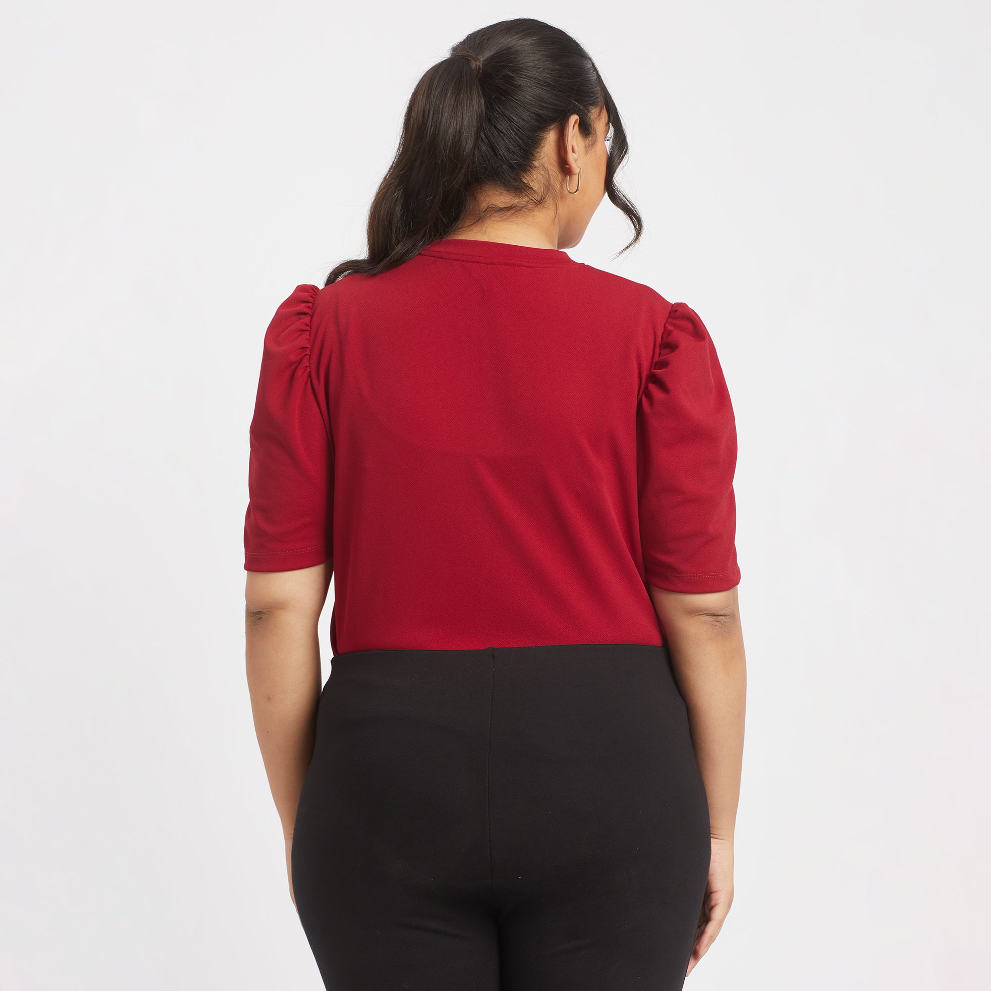 Red textured knit plus size puff sleeves top